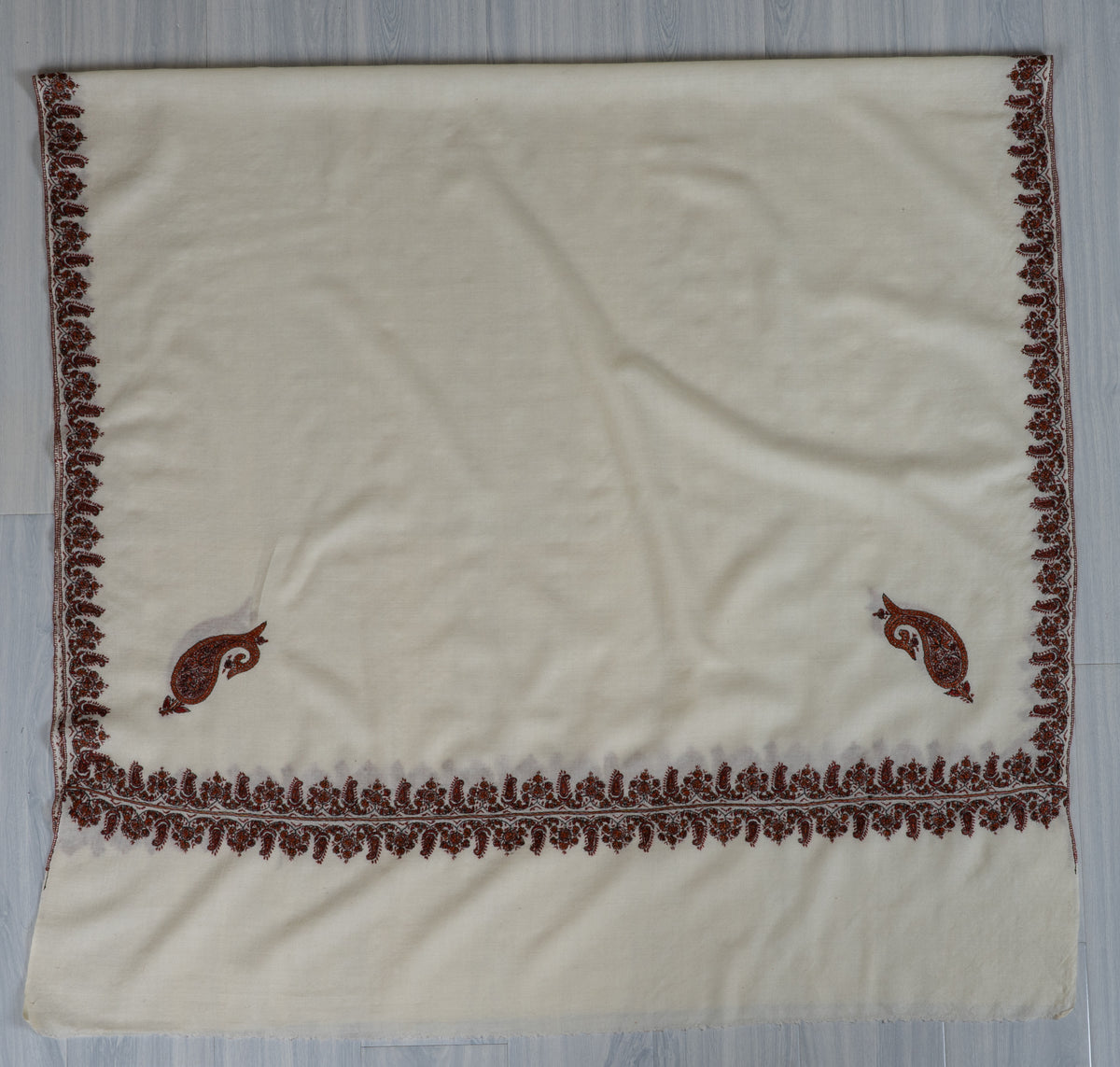 Ivory Whisper Merino Wool Shawl with Chestnut Brown Sozni Hand Embroidered Borders