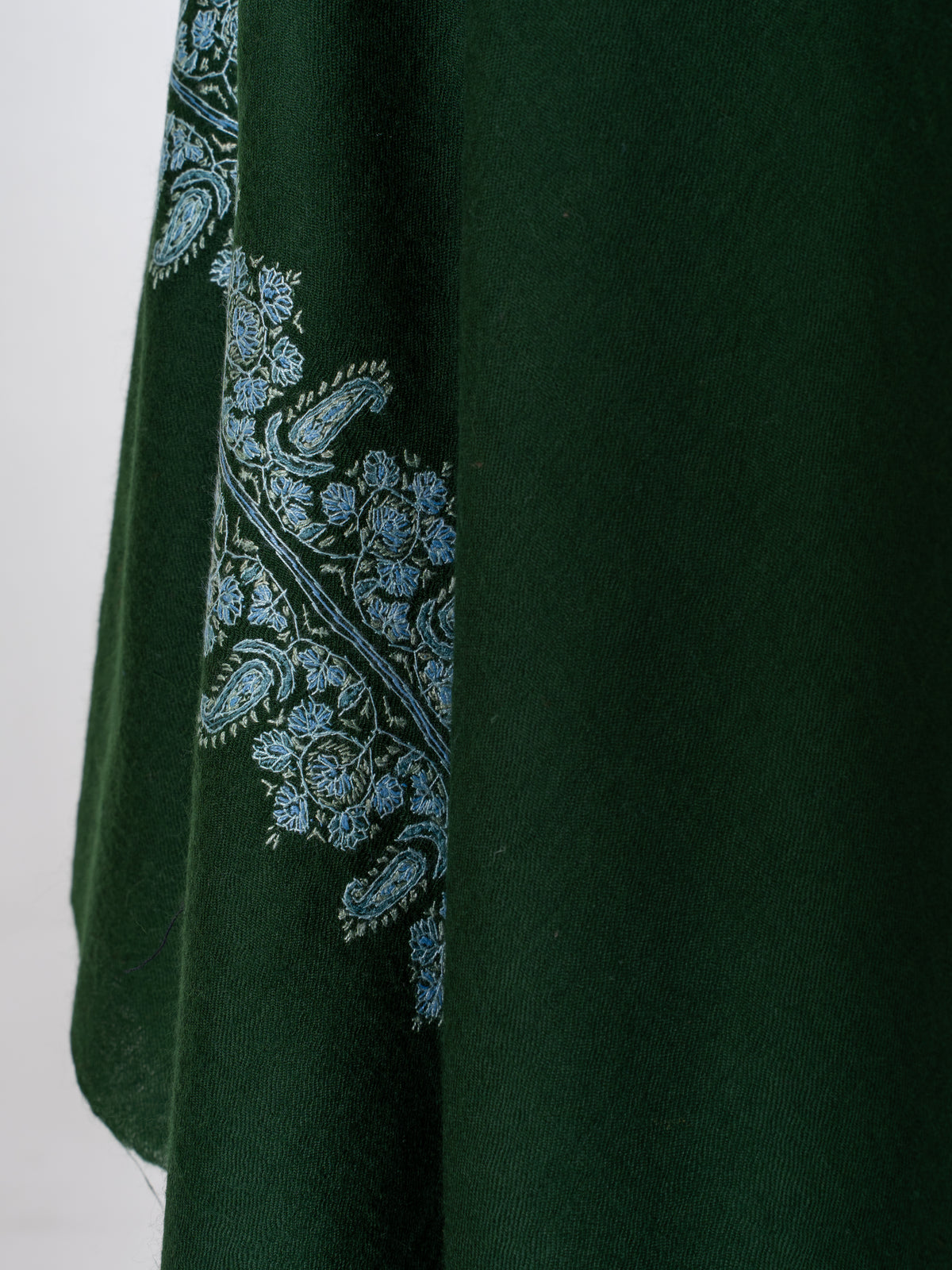 Emerald Forest Merino Wool Shawl with Ice Blue Sozni Hand Embroidered Floral Borders