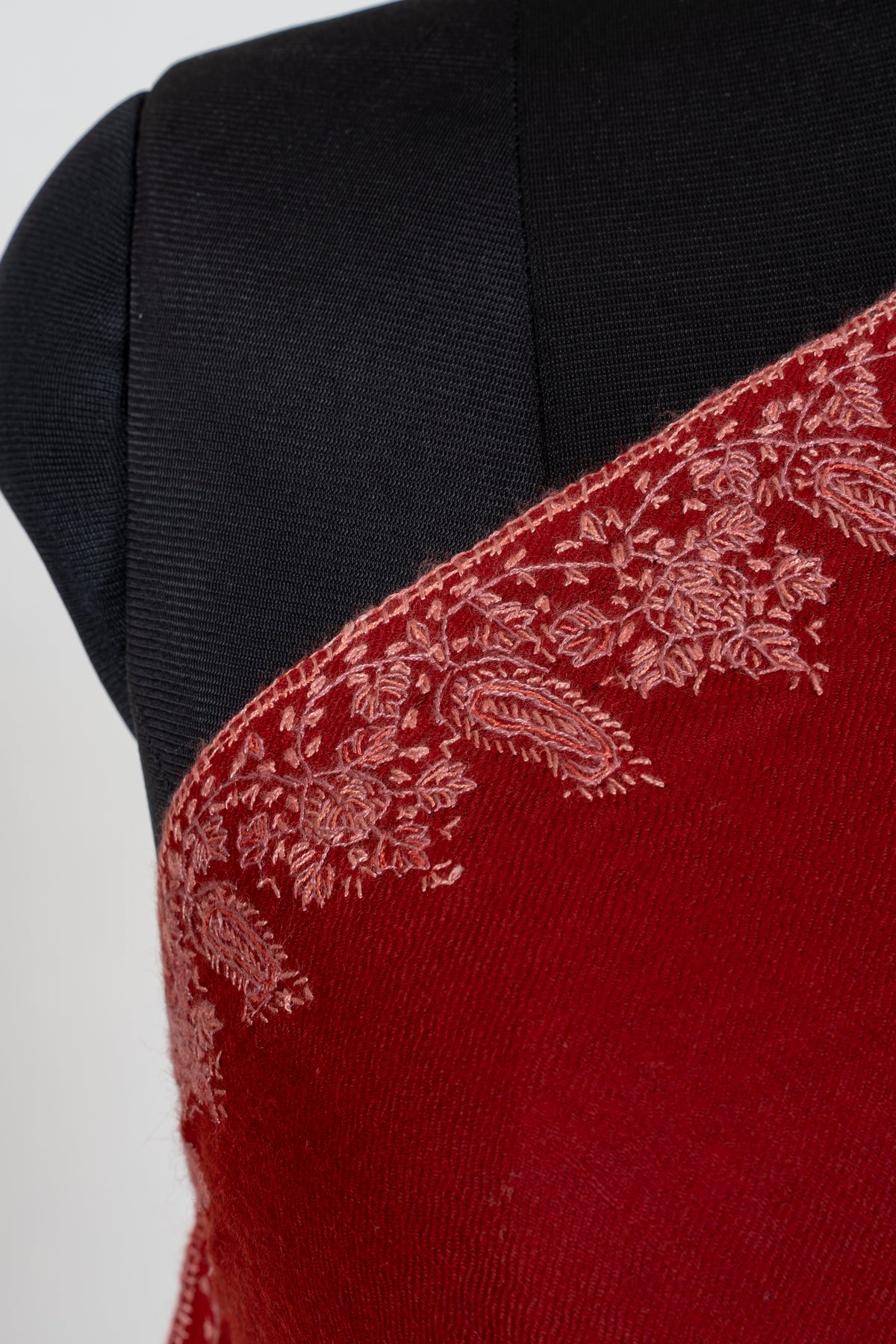 Scarlet Bloom Merino Wool Shawl with Blush Pink Sozni Hand Embroidered Vines