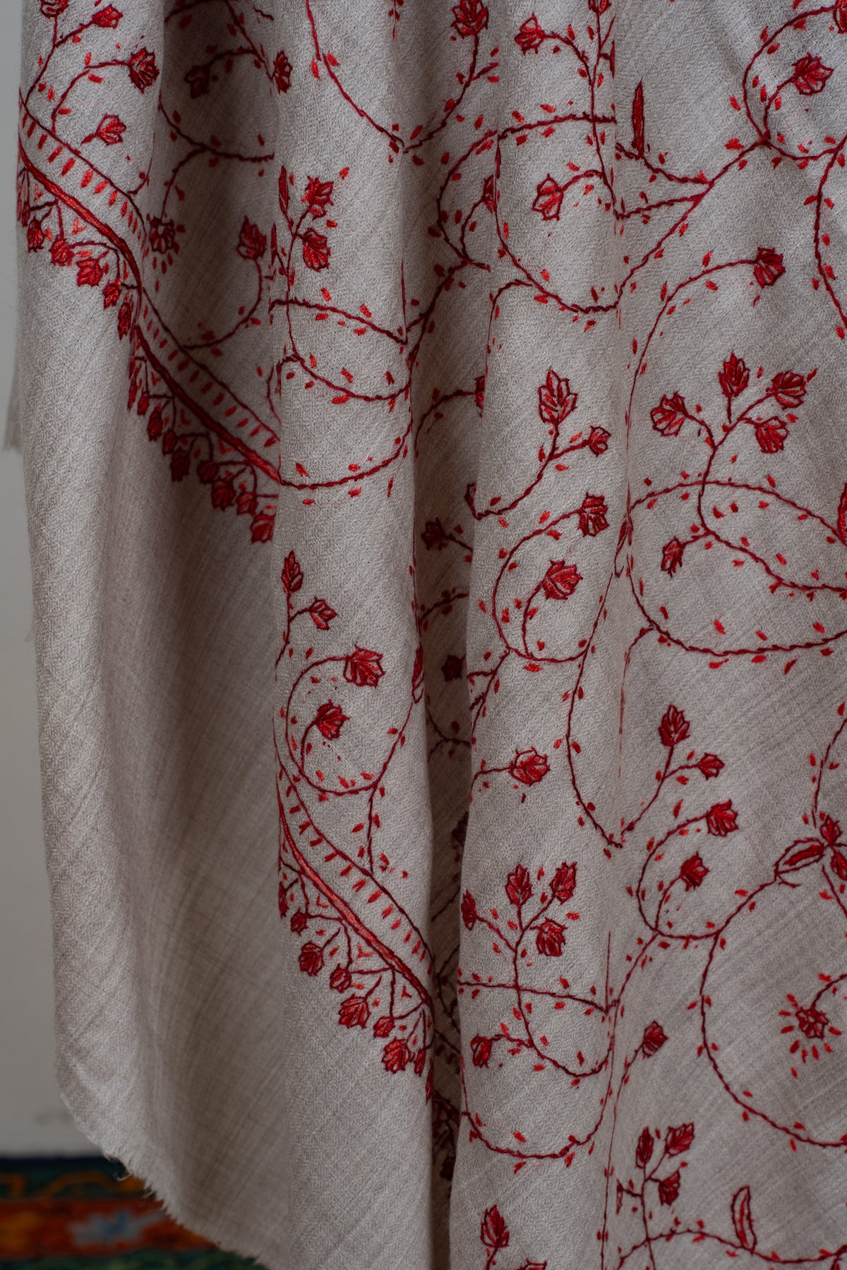 Crimson Frost Elegance: Merino wool 2.5 Yards Sozni Hand Embroidered Shawl