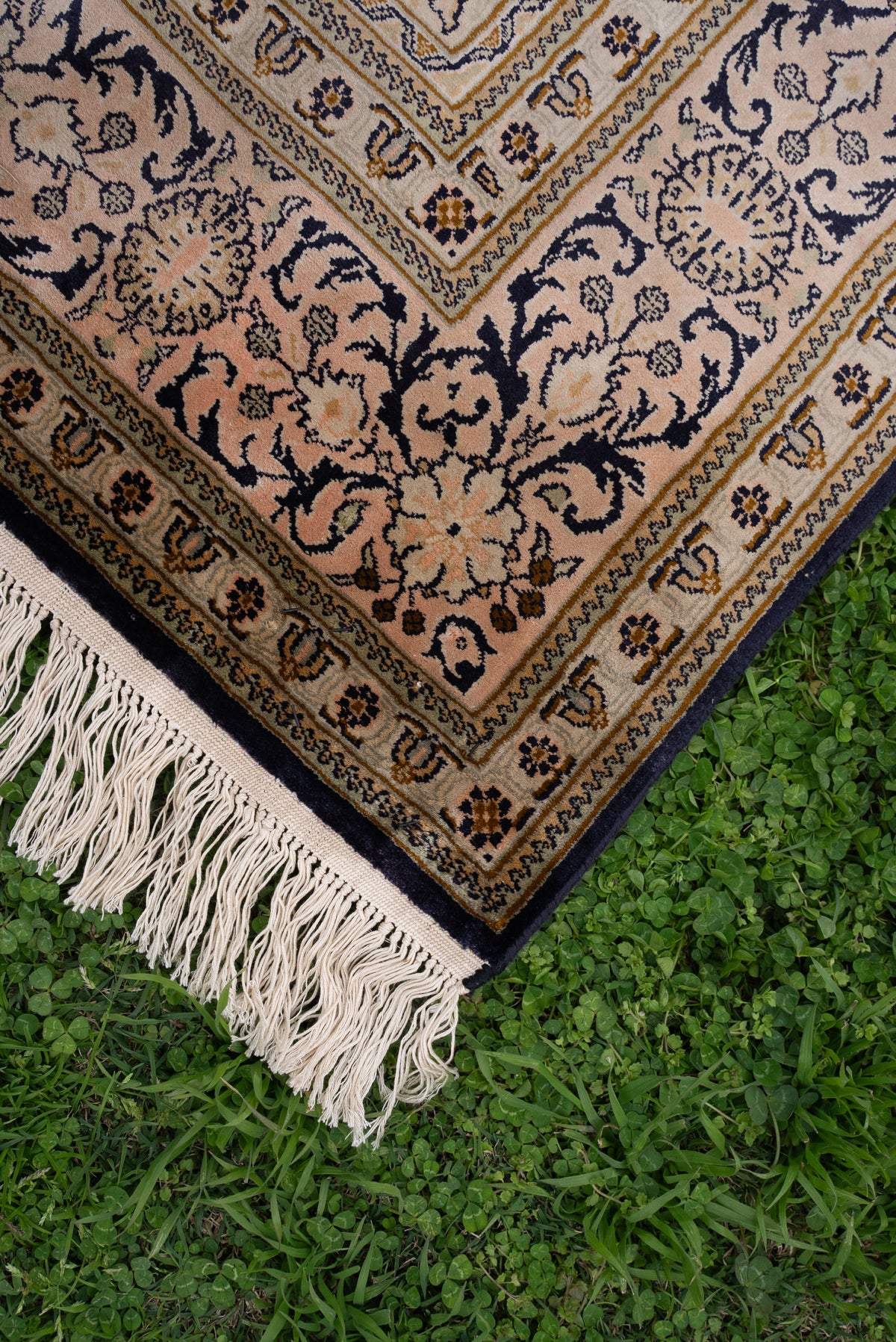 Angled corner of the ivory silk carpet with navy floral vines, layered borders and pale fringe on grass