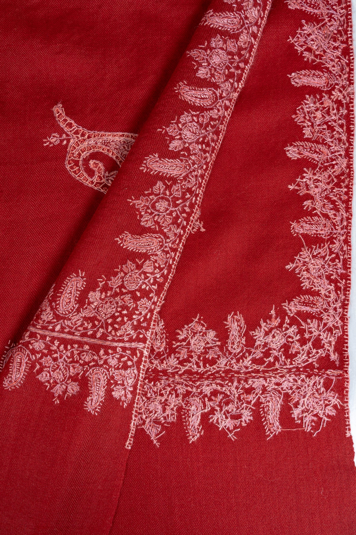 Scarlet Bloom Merino Wool Shawl with Blush Pink Sozni Hand Embroidered Vines