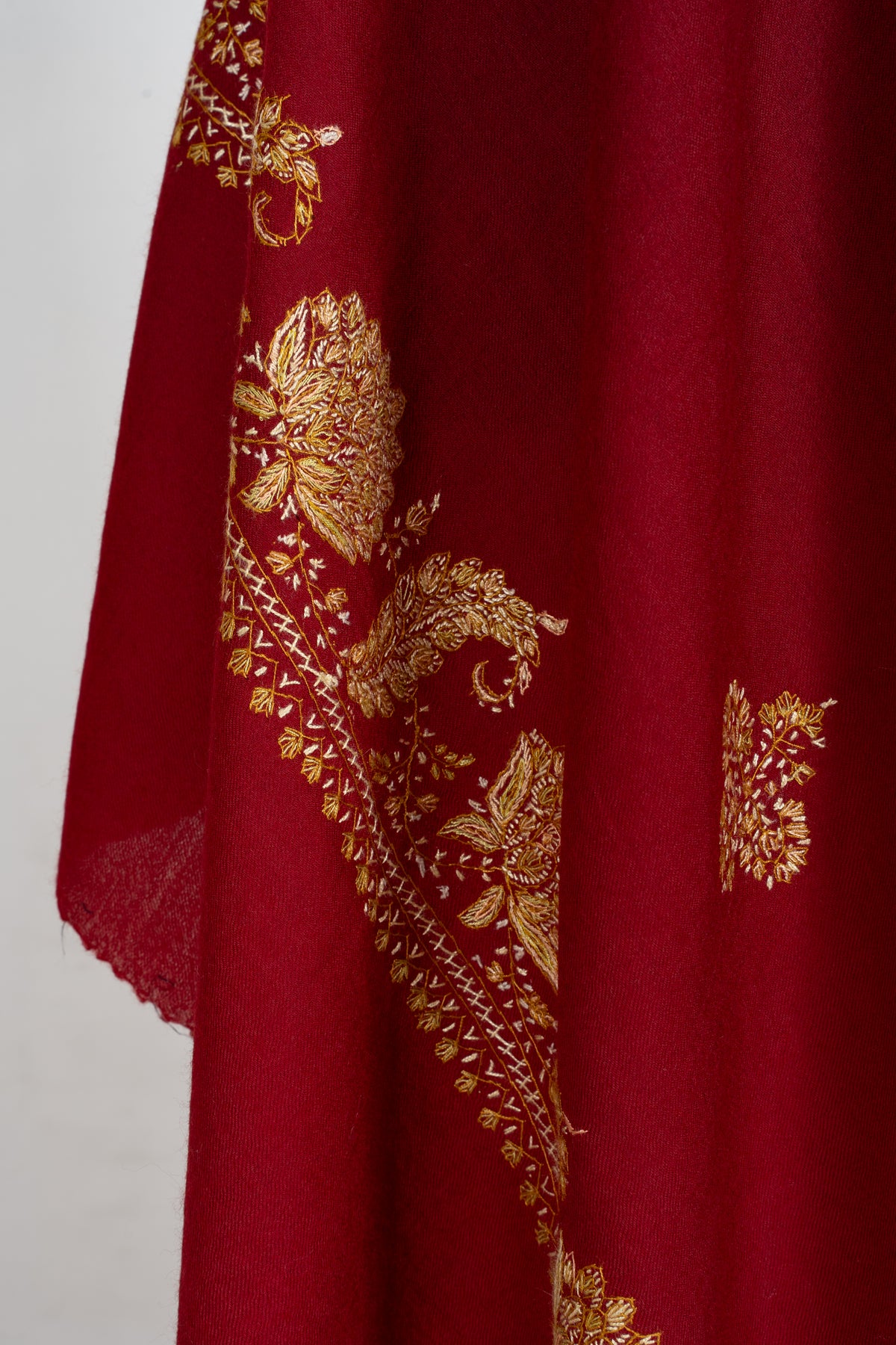 Royal Ruby Merino Wool Shawl with Golden Sozni Hand Embroidered Floral Sprigs