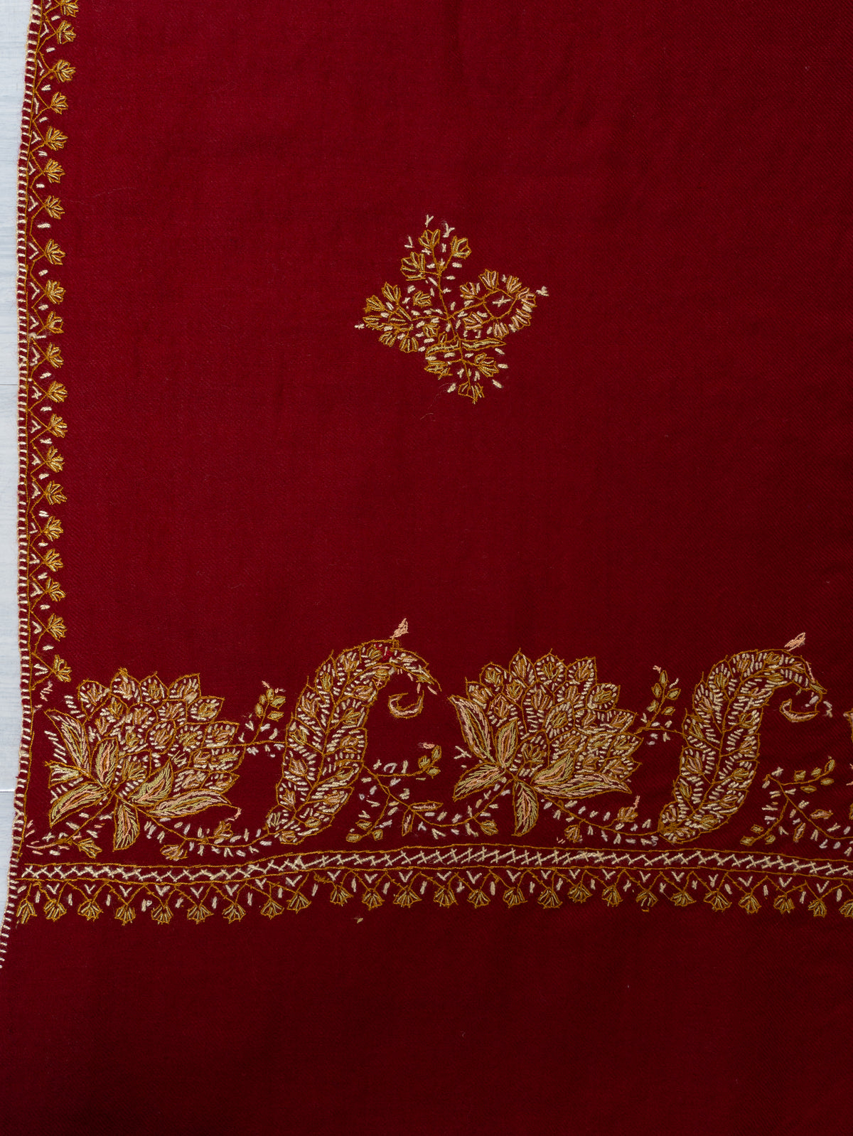 Royal Ruby Merino Wool Shawl with Golden Sozni Hand Embroidered Floral Sprigs