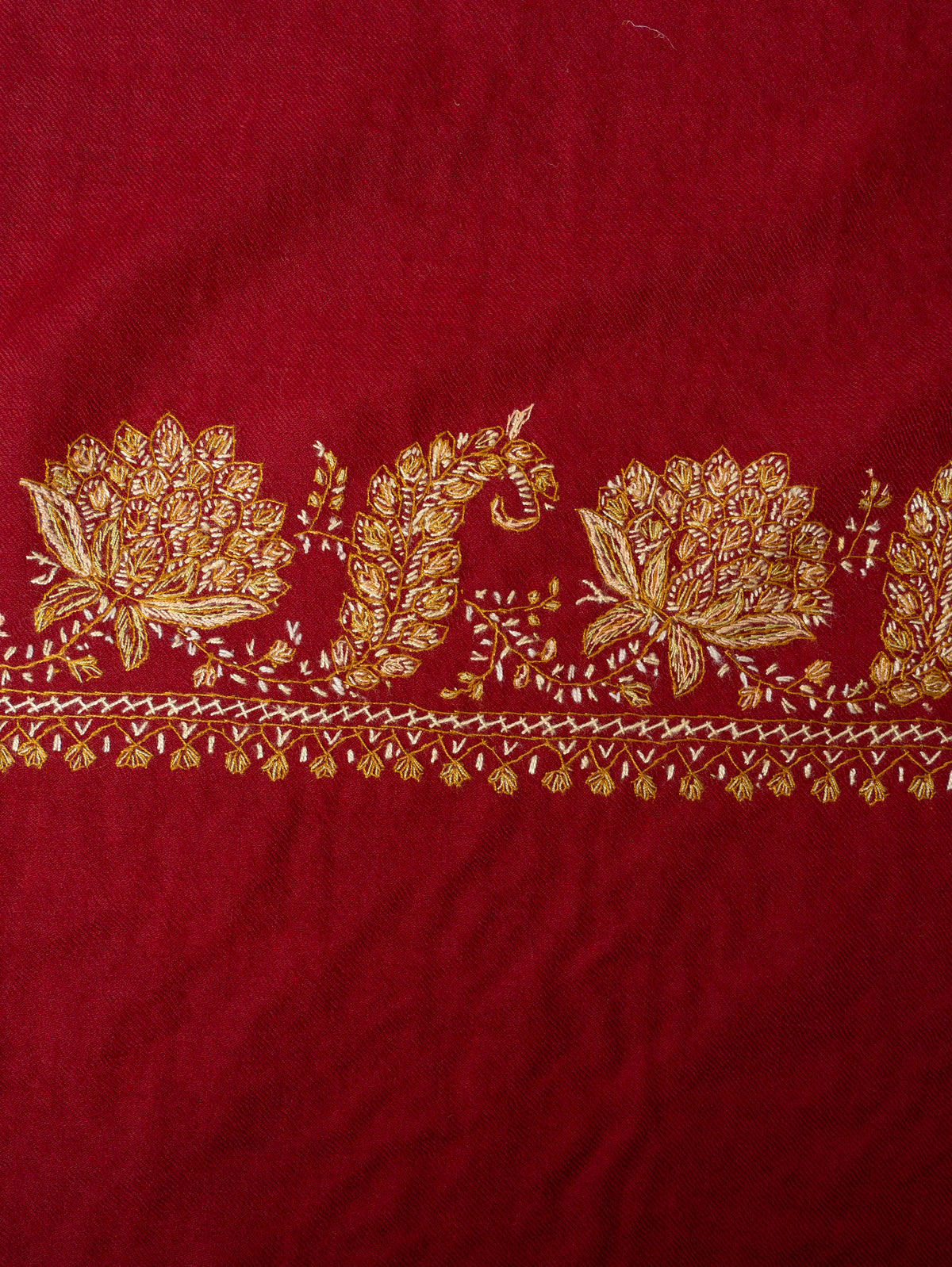 Royal Ruby Merino Wool Shawl with Golden Sozni Hand Embroidered Floral Sprigs