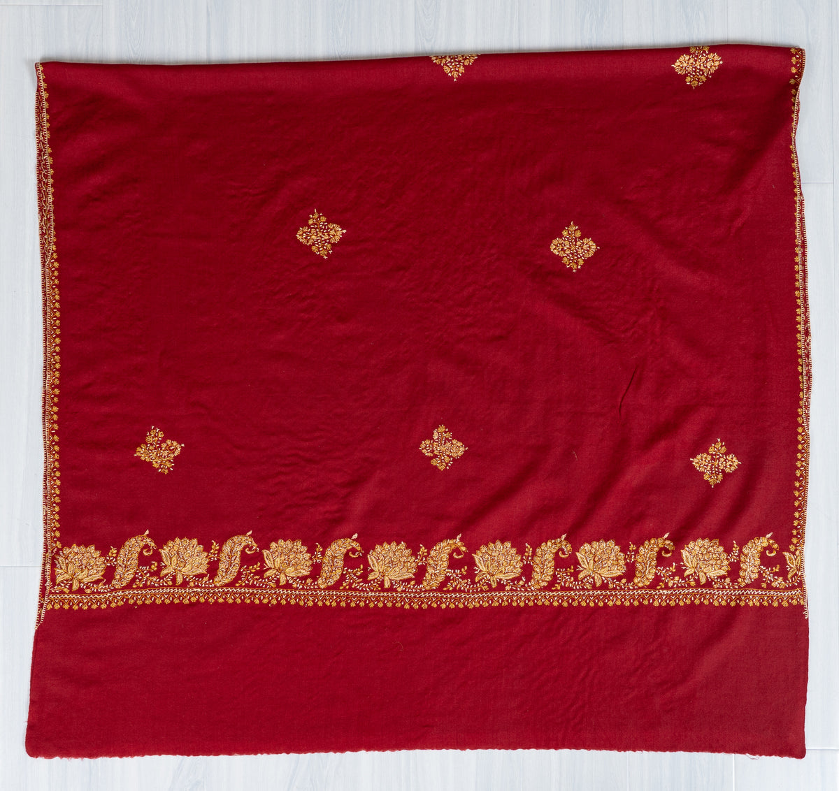 Royal Ruby Merino Wool Shawl with Golden Sozni Hand Embroidered Floral Sprigs