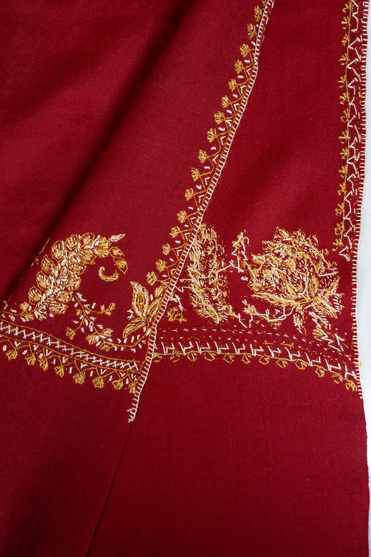 Royal Ruby Merino Wool Shawl with Golden Sozni Hand Embroidered Floral Sprigs