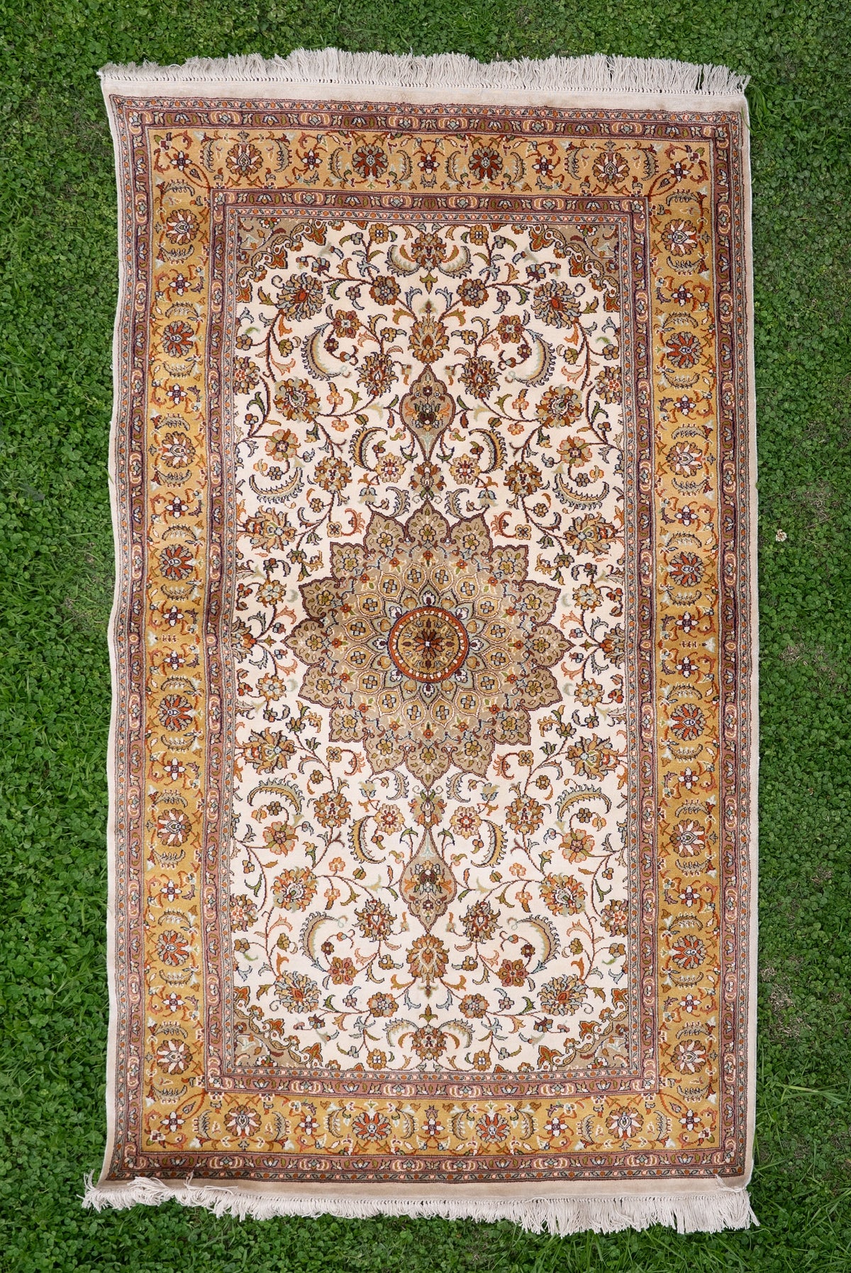 5ft x 3ft Golden Ivory Floral Symphony: Hand Knotted Mulberry silk on silk Kashmiri Carpet