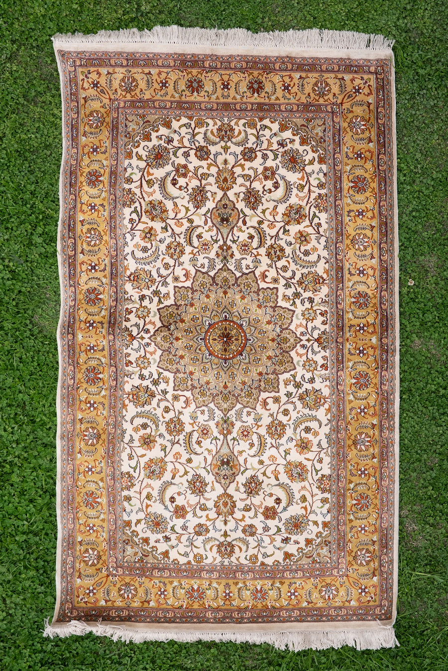 5ft x 3ft Golden Ivory Floral Symphony: Hand Knotted Mulberry silk on silk Kashmiri Carpet