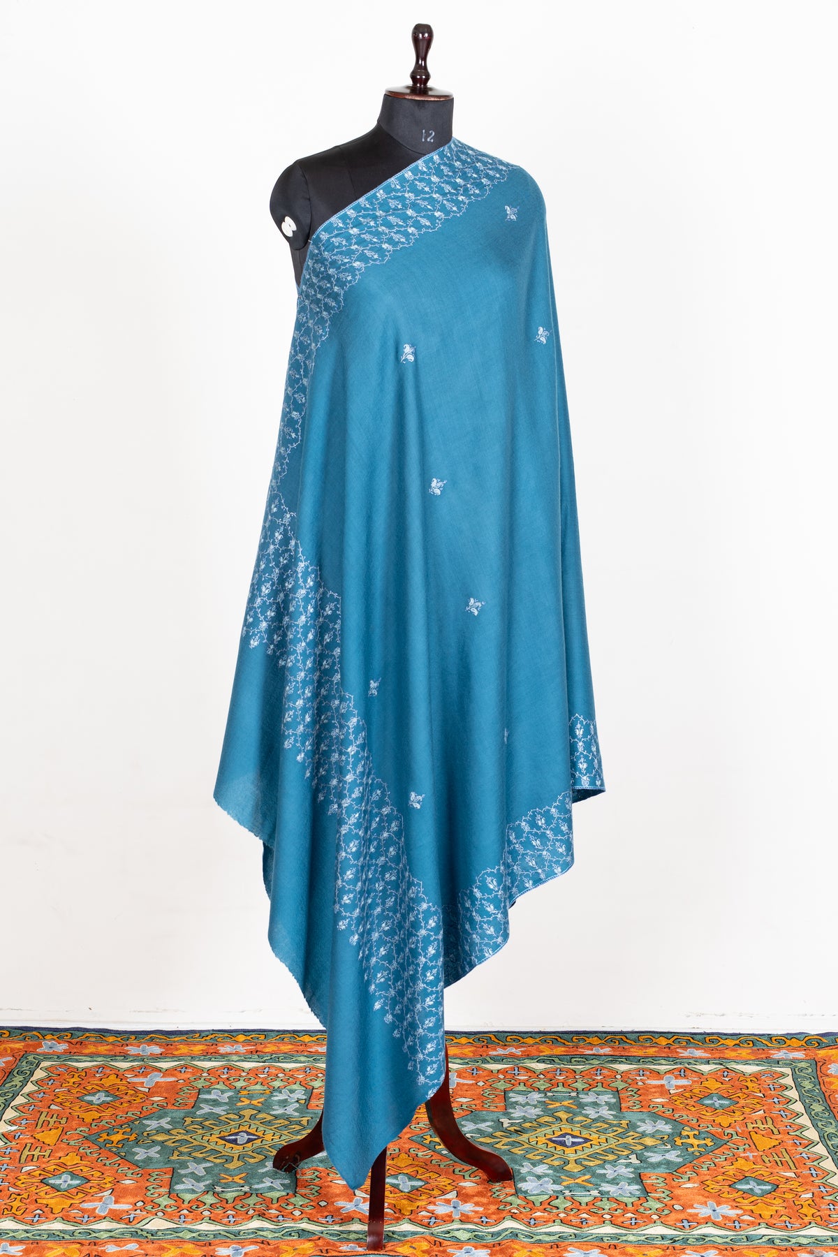 Azure Blue Merino Wool Shawl with Ivory Sozni Hand Embroidered Floral Trellis