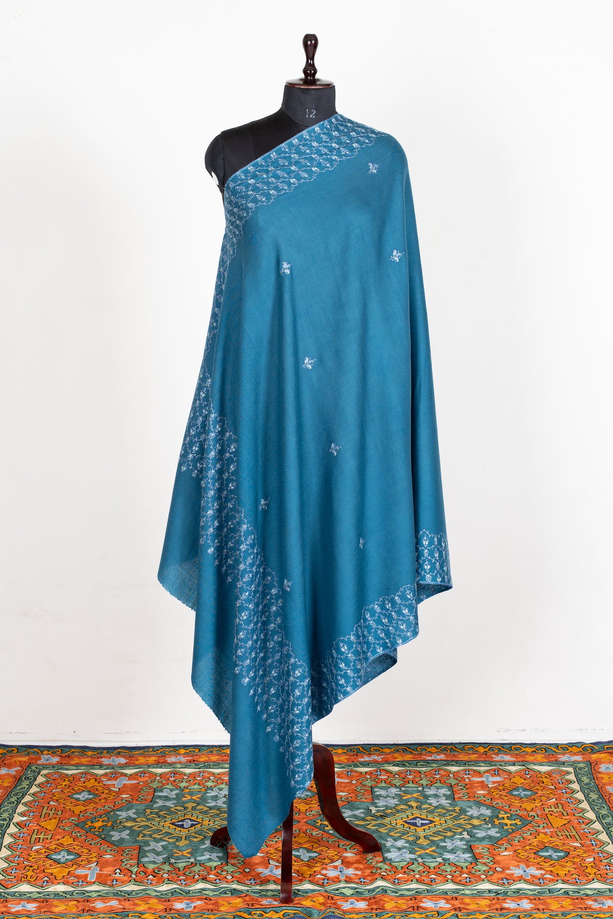 Azure Blue Merino Wool Shawl with Ivory Sozni Hand Embroidered Floral Trellis