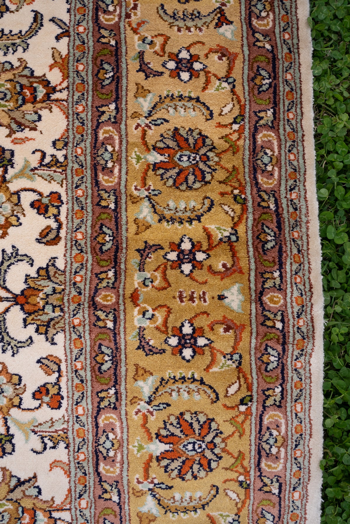 5ft x 3ft Golden Ivory Floral Symphony: Hand Knotted Mulberry silk on silk Kashmiri Carpet