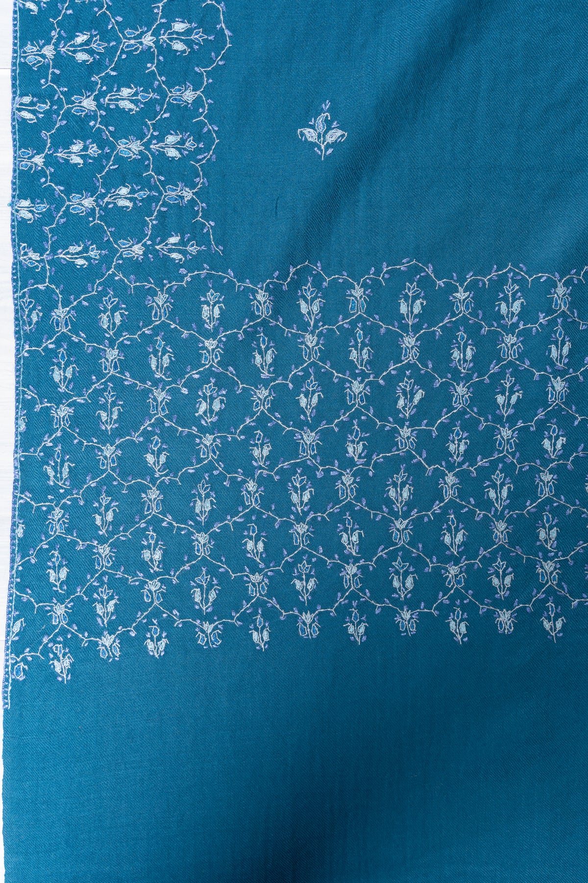 Azure Blue Merino Wool Shawl with Ivory Sozni Hand Embroidered Floral Trellis