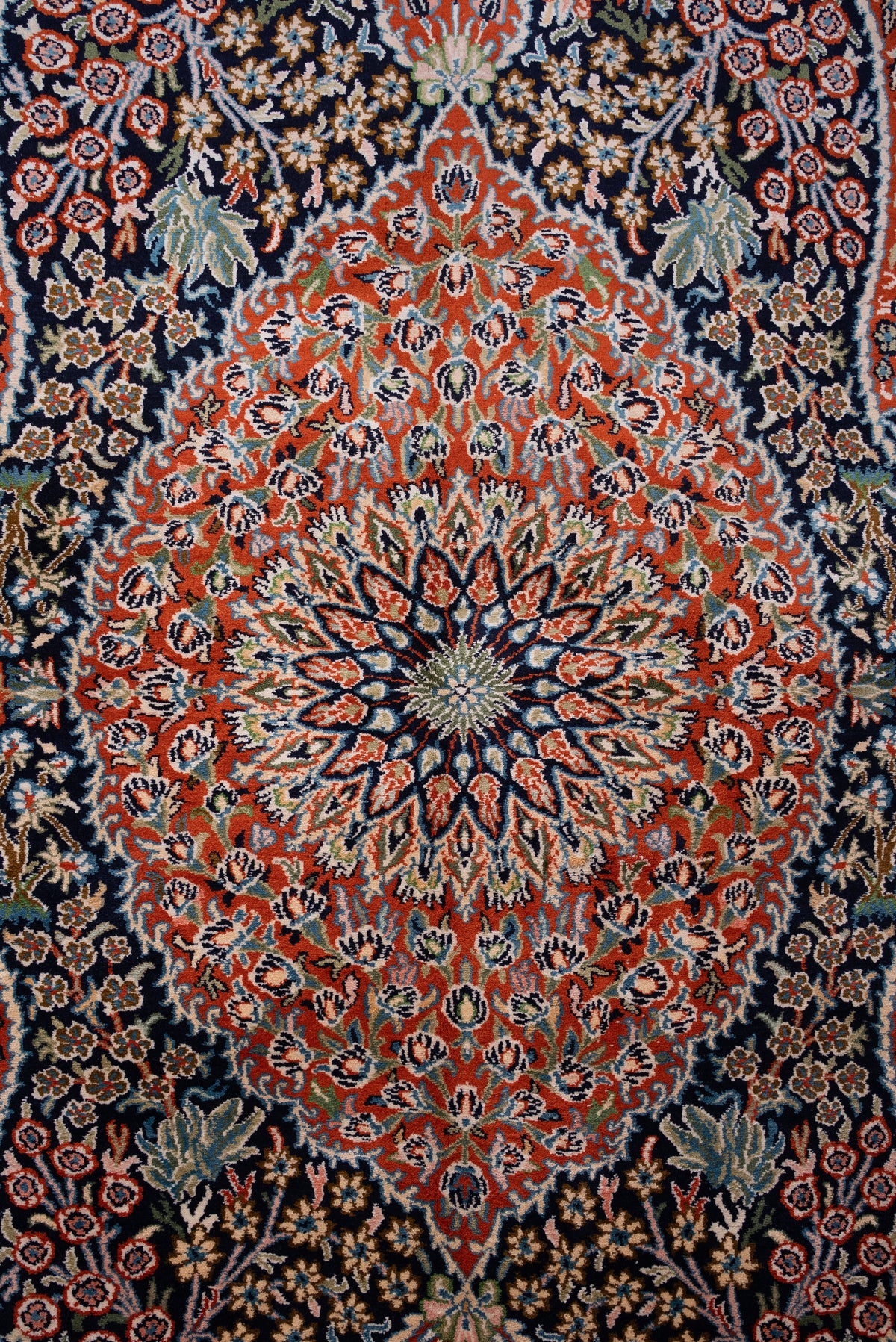 5ft x 3ft Midnight Garden Medallion: Hand Knotted Mulberry silk on silk Kashmiri Carpet