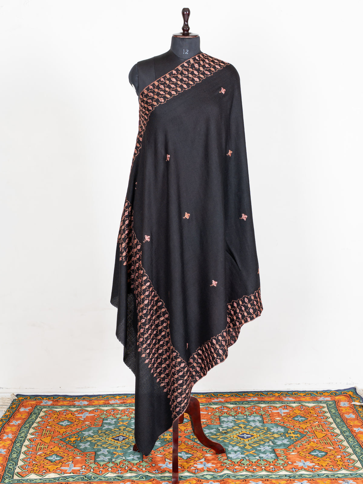 Midnight Rose Merino Wool Shawl with Copper Pink Sozni Hand Embroidered Floral Trellis
