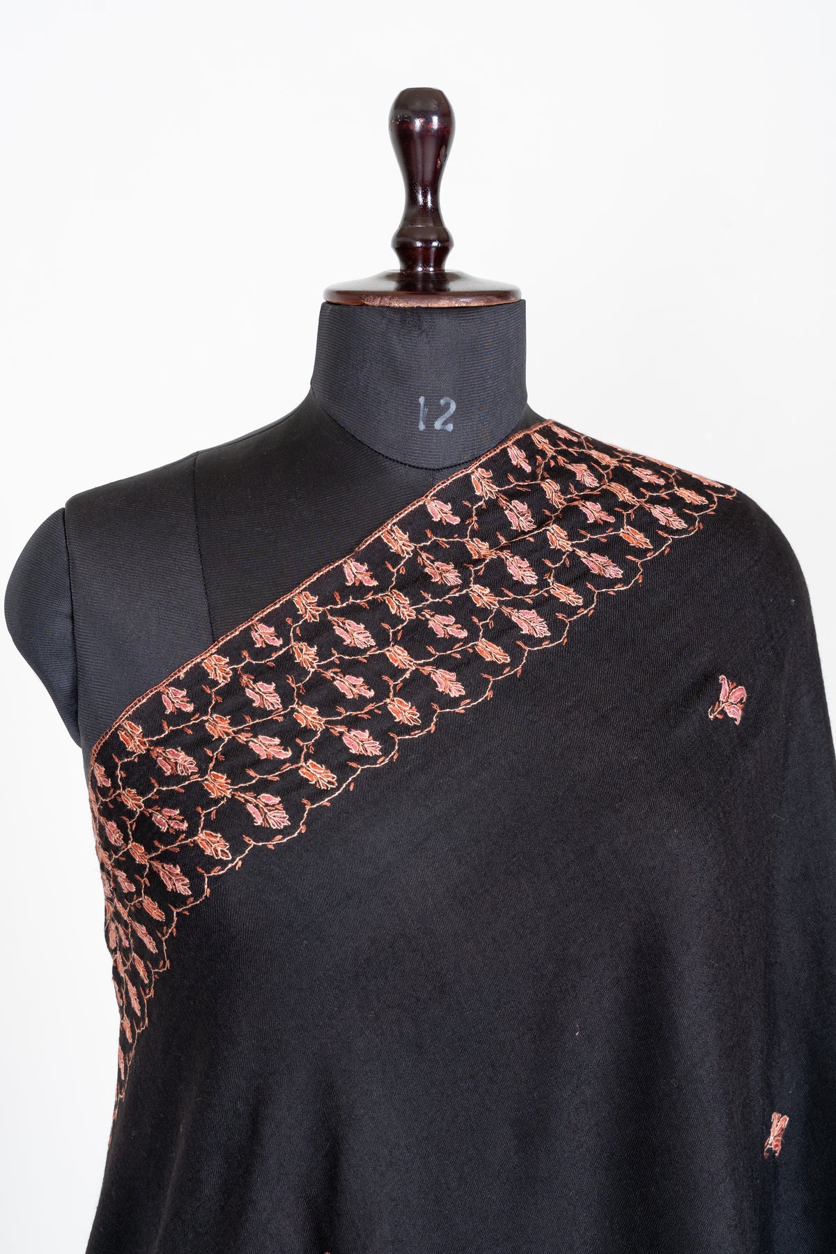 Midnight Rose Merino Wool Shawl with Copper Pink Sozni Hand Embroidered Floral Trellis