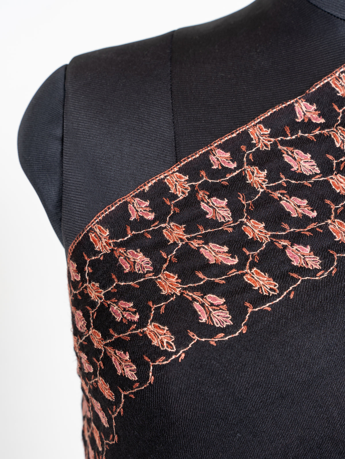 Midnight Rose Merino Wool Shawl with Copper Pink Sozni Hand Embroidered Floral Trellis