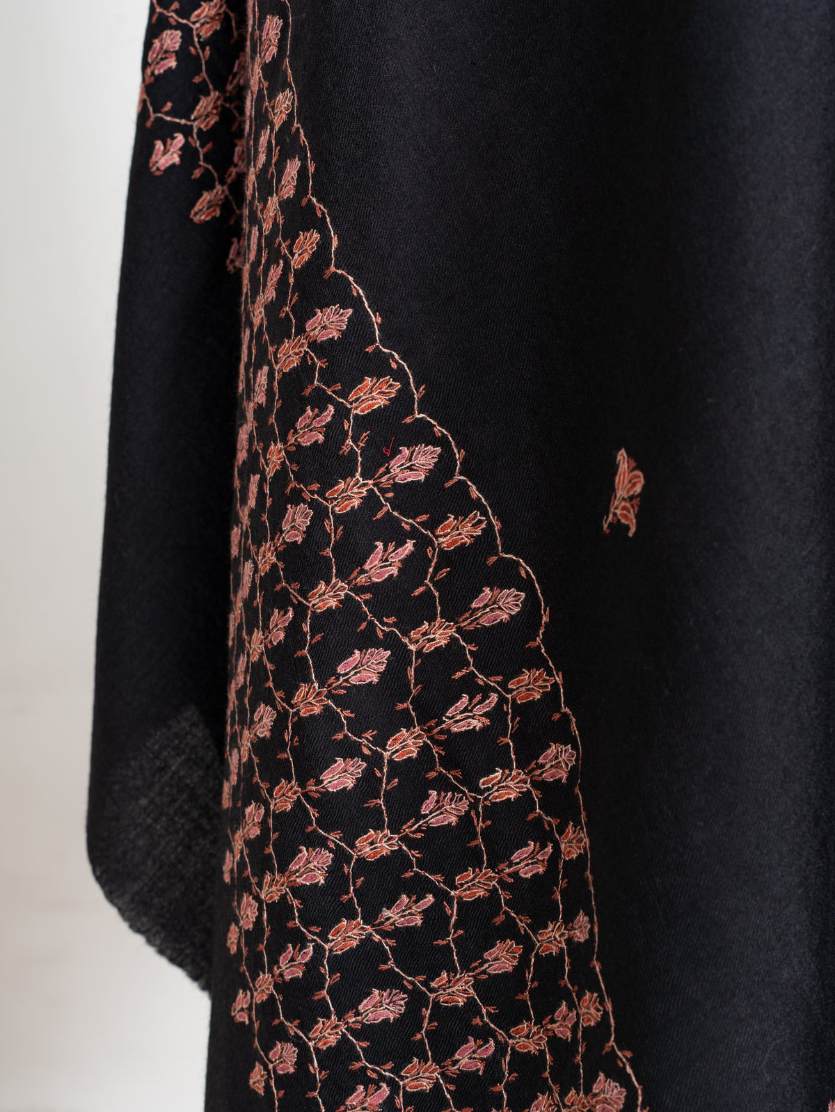Midnight Rose Merino Wool Shawl with Copper Pink Sozni Hand Embroidered Floral Trellis
