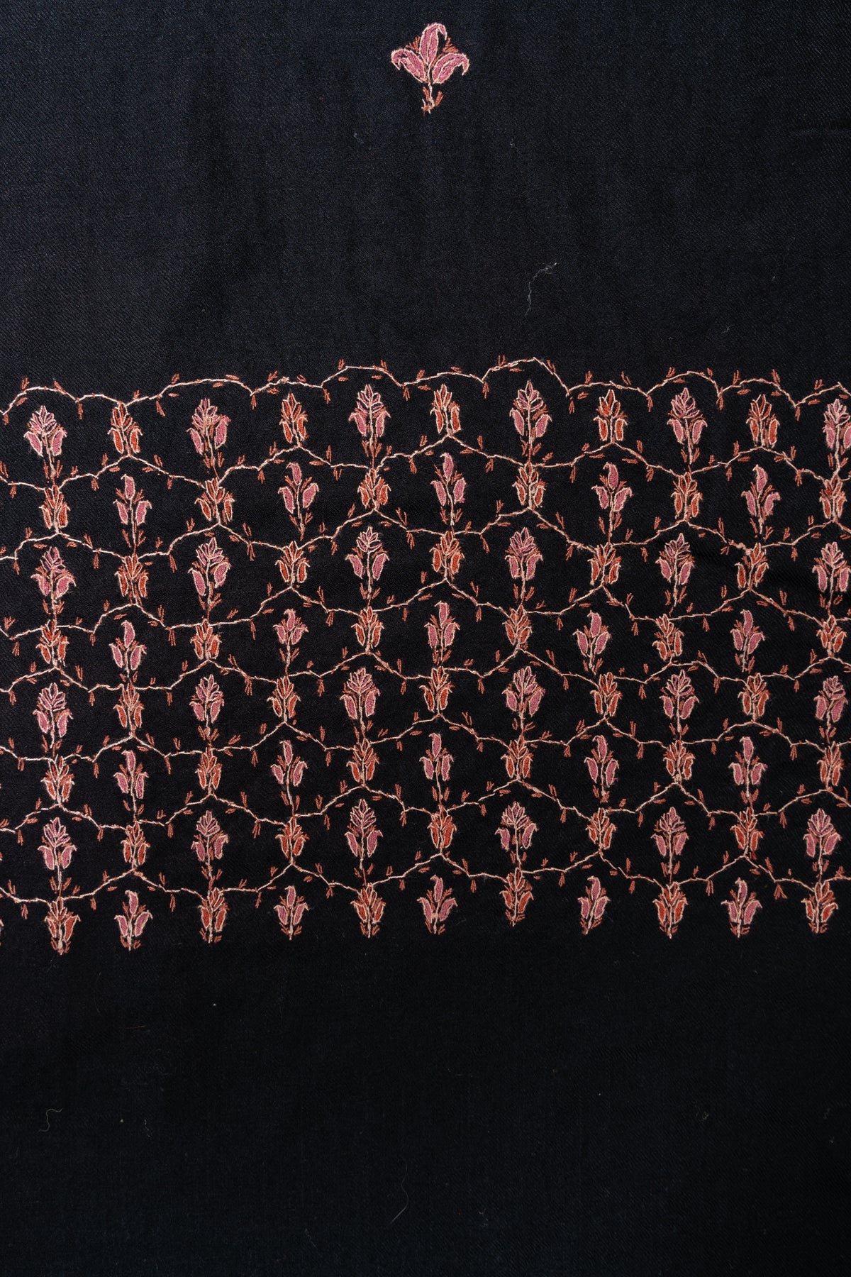 Midnight Rose Merino Wool Shawl with Copper Pink Sozni Hand Embroidered Floral Trellis