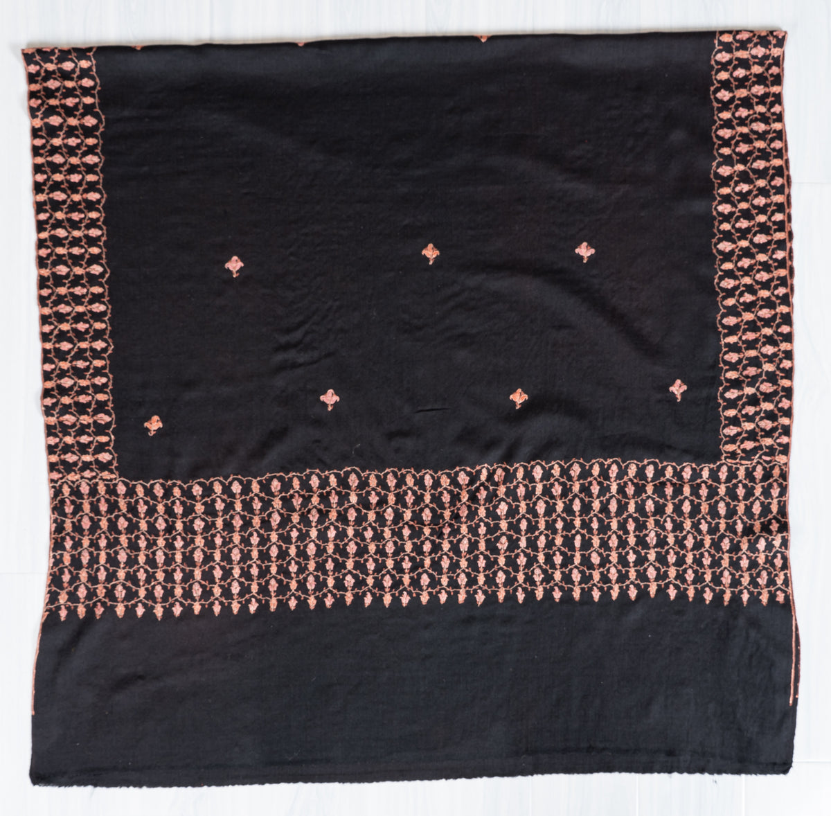 Midnight Rose Merino Wool Shawl with Copper Pink Sozni Hand Embroidered Floral Trellis