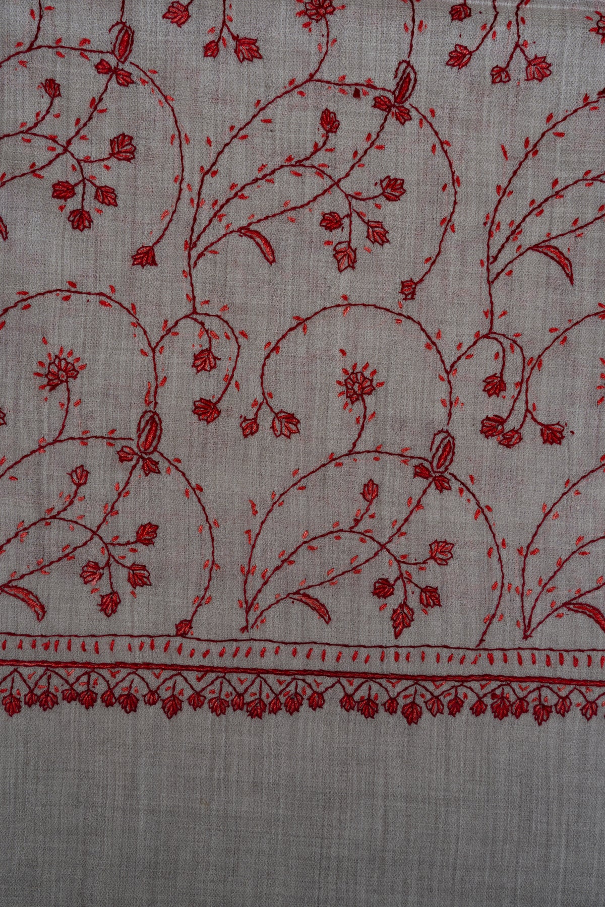 Crimson Frost Elegance: Merino wool 2.5 Yards Sozni Hand Embroidered Shawl
