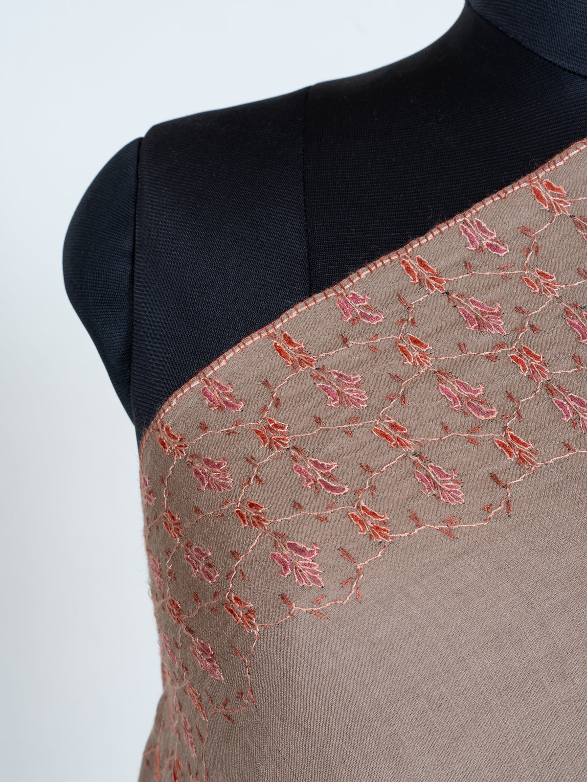 Rosewood Beige Merino Wool Shawl with Coral Sozni Hand Embroidered Floral Vines