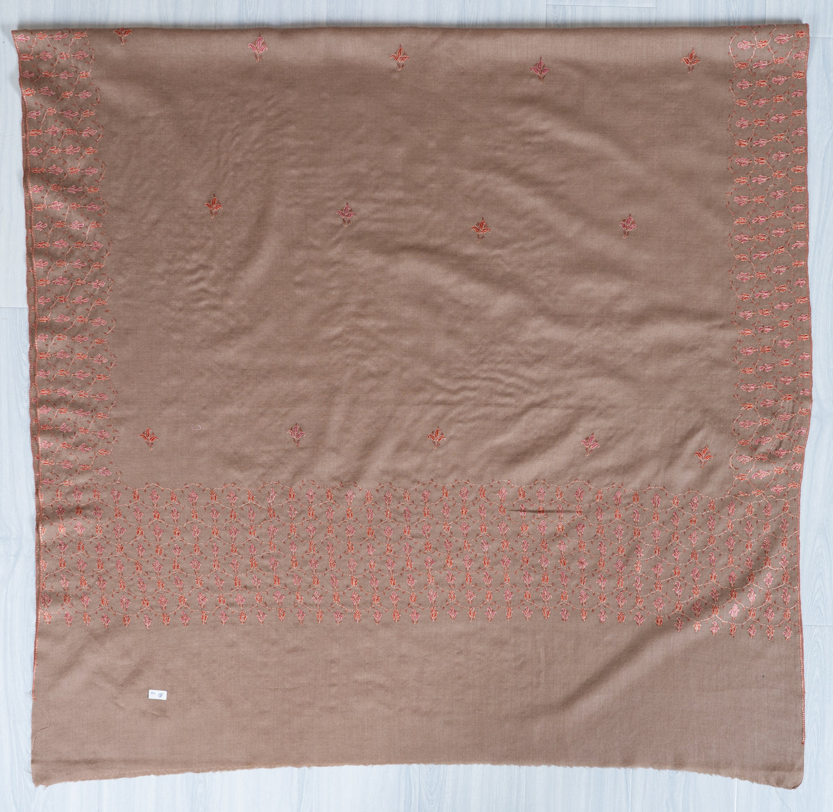 Rosewood Beige Merino Wool Shawl with Coral Sozni Hand Embroidered Floral Vines