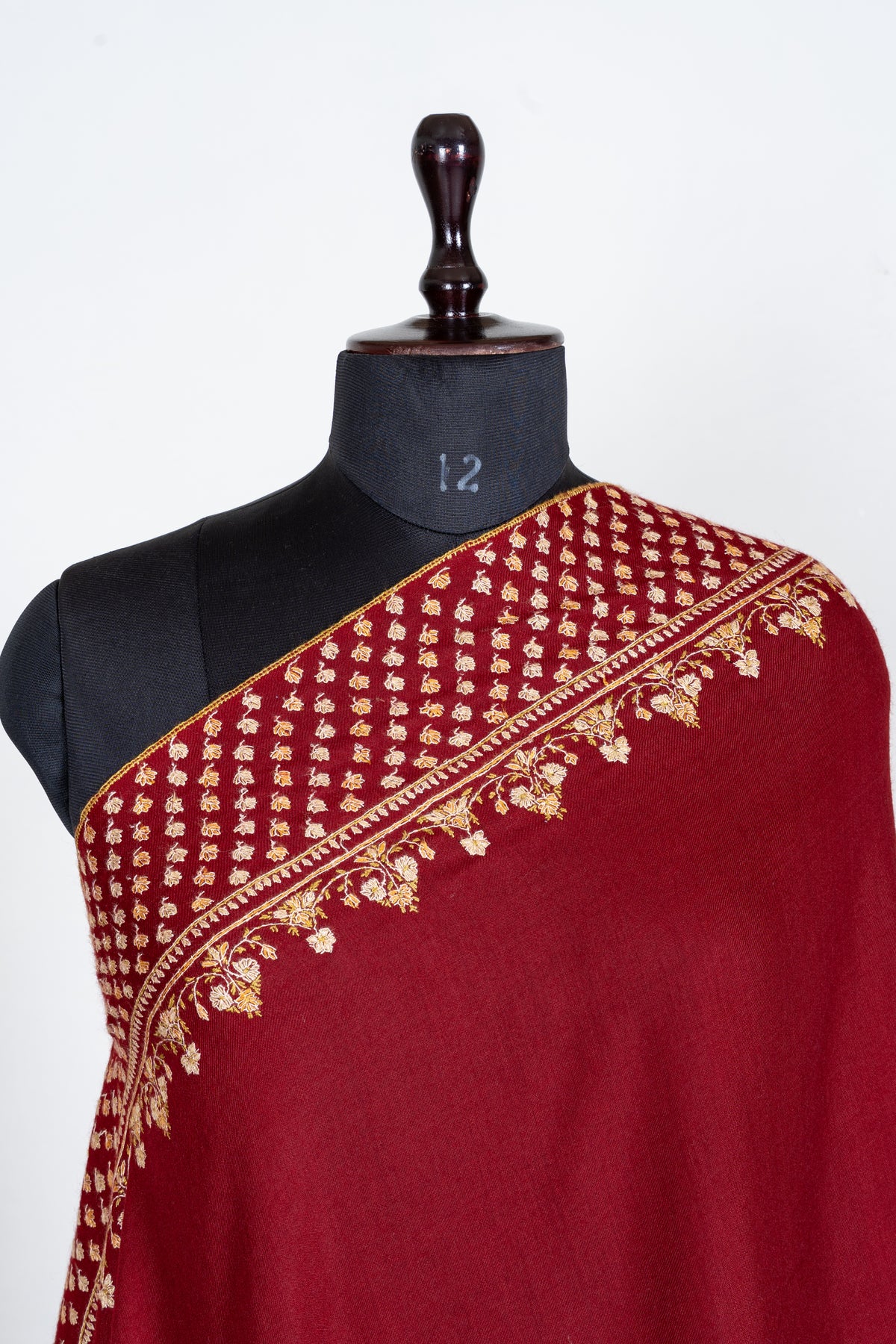 Imperial Crimson Merino Wool Shawl with Golden Sozni Hand Embroidered Floral Jaal Border