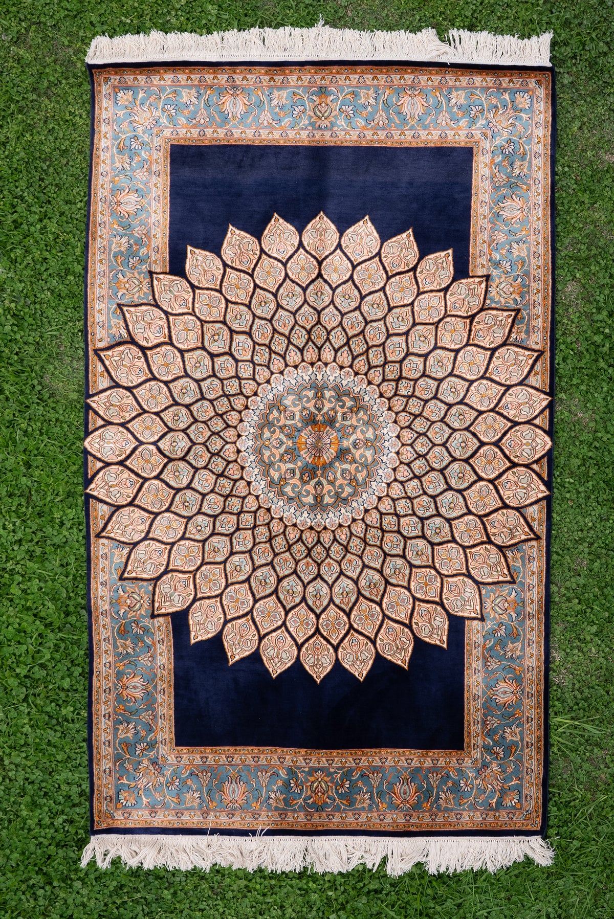 5ft x 3ft Sapphire Bloom Radiance: Hand Knotted Mulberry silk on silk Kashmiri Carpet