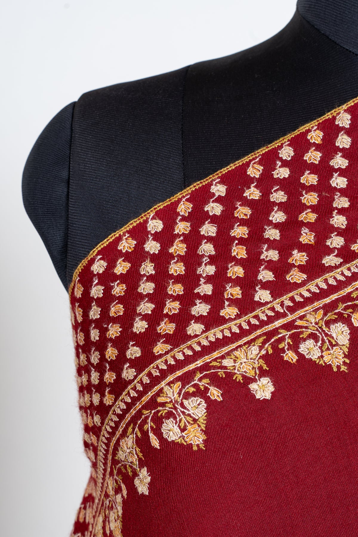 Imperial Crimson Merino Wool Shawl with Golden Sozni Hand Embroidered Floral Jaal Border