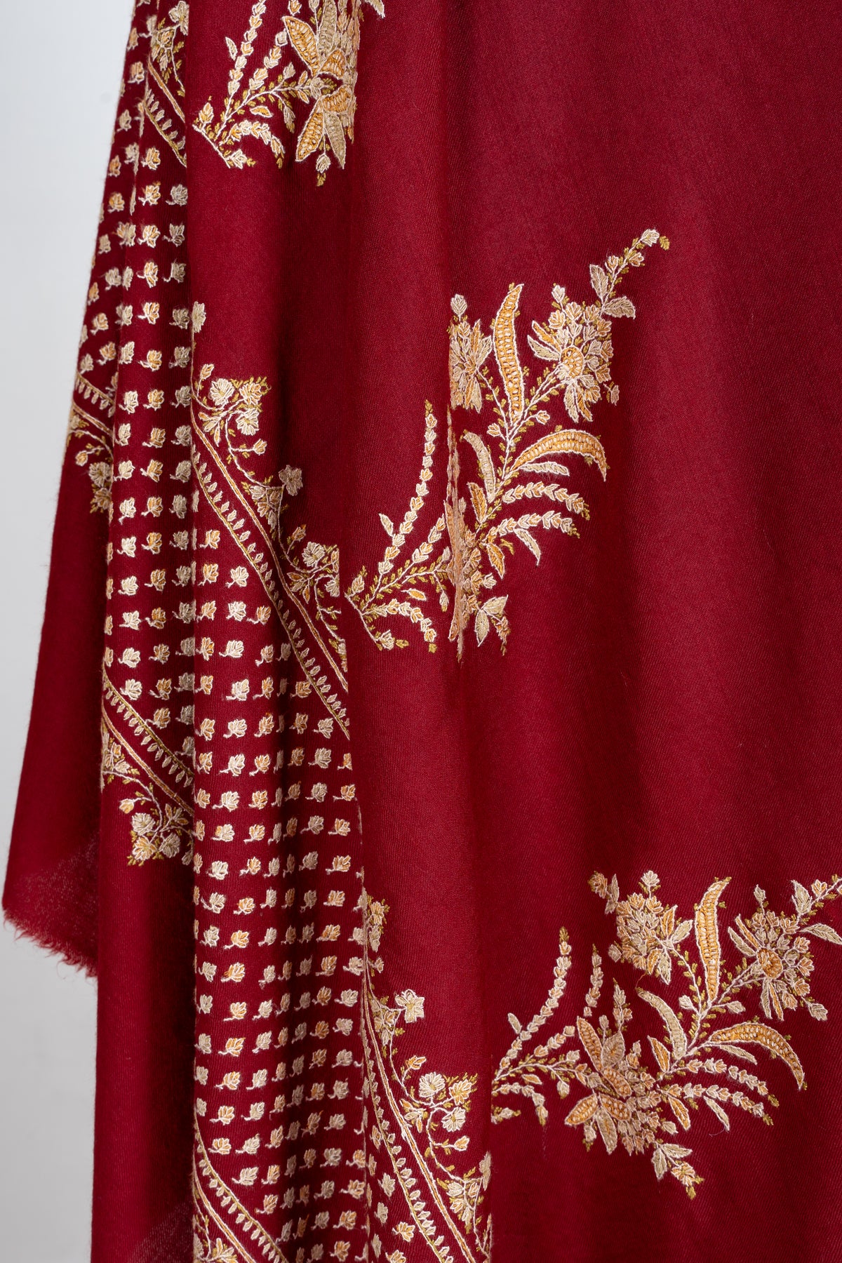 Imperial Crimson Merino Wool Shawl with Golden Sozni Hand Embroidered Floral Jaal Border