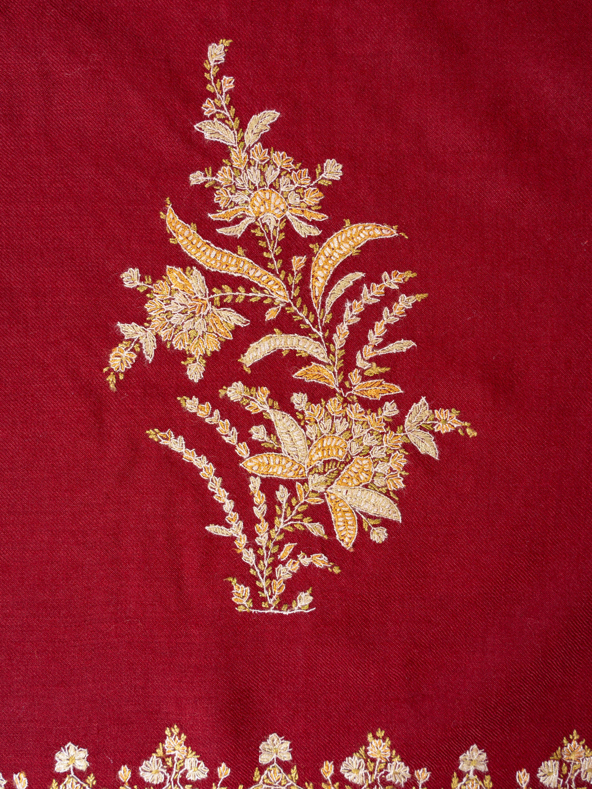 Imperial Crimson Merino Wool Shawl with Golden Sozni Hand Embroidered Floral Jaal Border