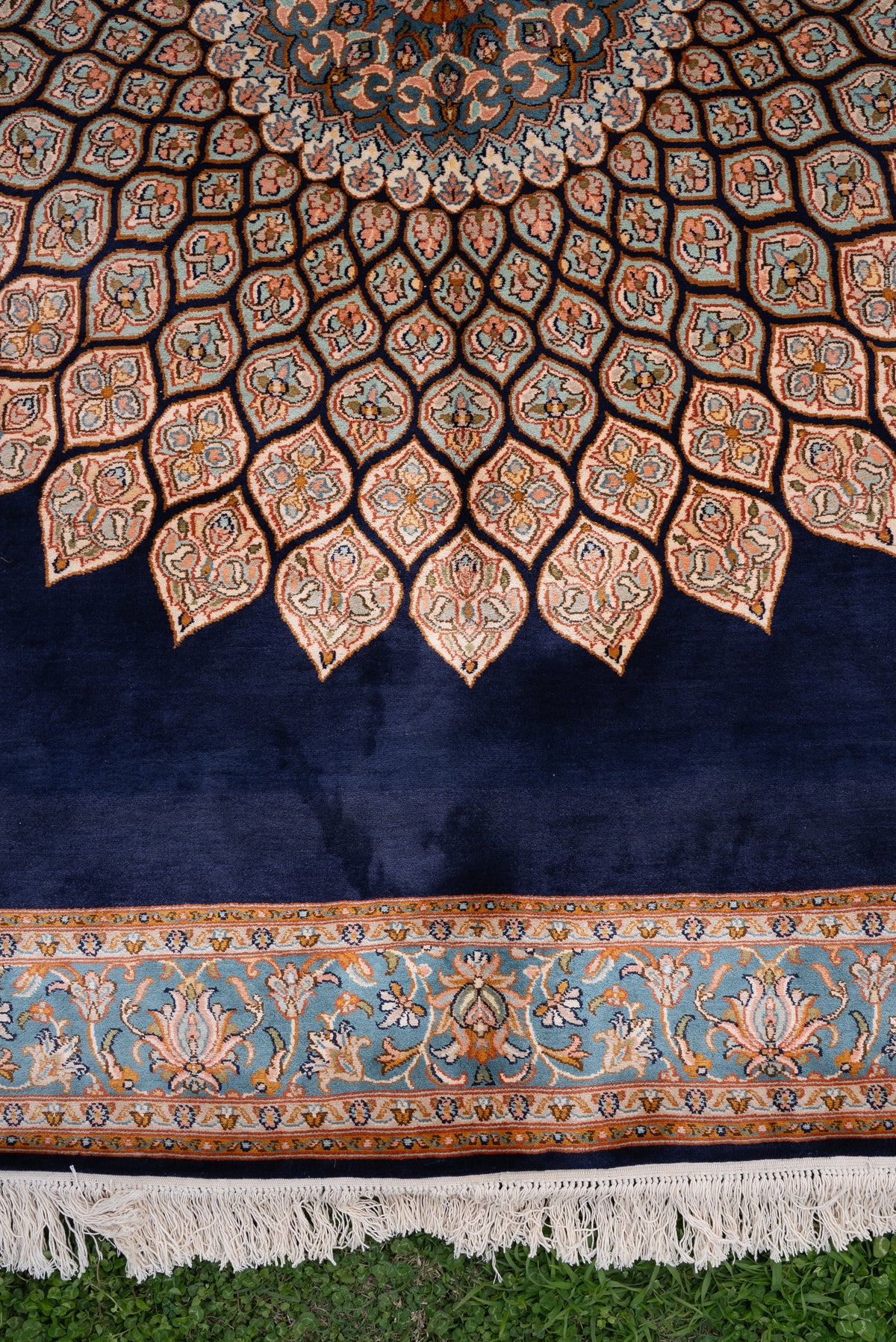 5ft x 3ft Sapphire Bloom Radiance: Hand Knotted Mulberry silk on silk Kashmiri Carpet