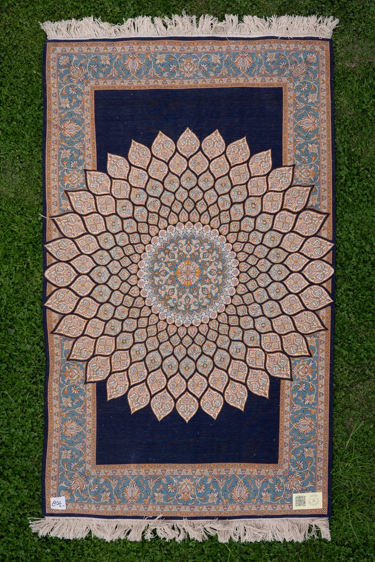 5ft x 3ft Sapphire Bloom Radiance: Hand Knotted Mulberry silk on silk Kashmiri Carpet