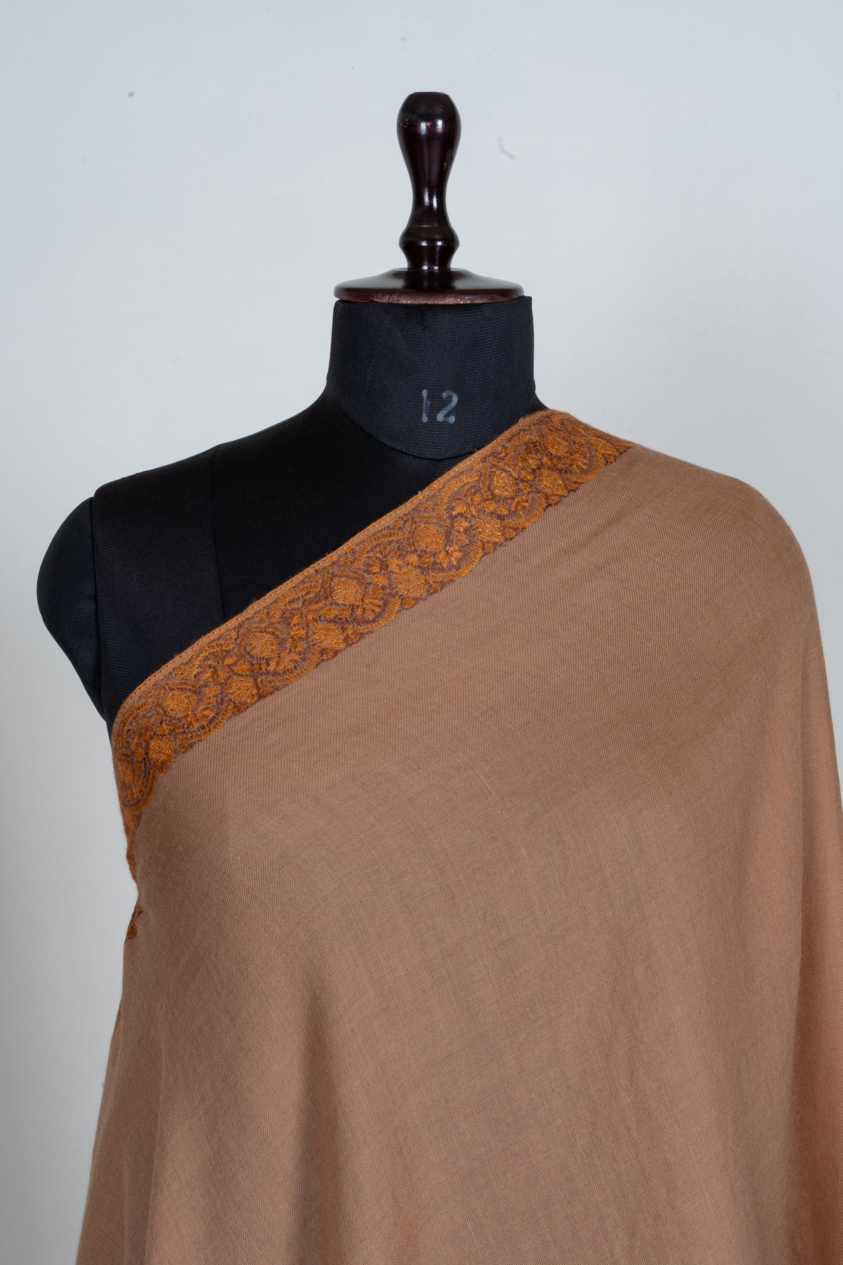 Warm Sand Merino Wool Shawl with Antique Gold Sozni Hand Embroidered Borders