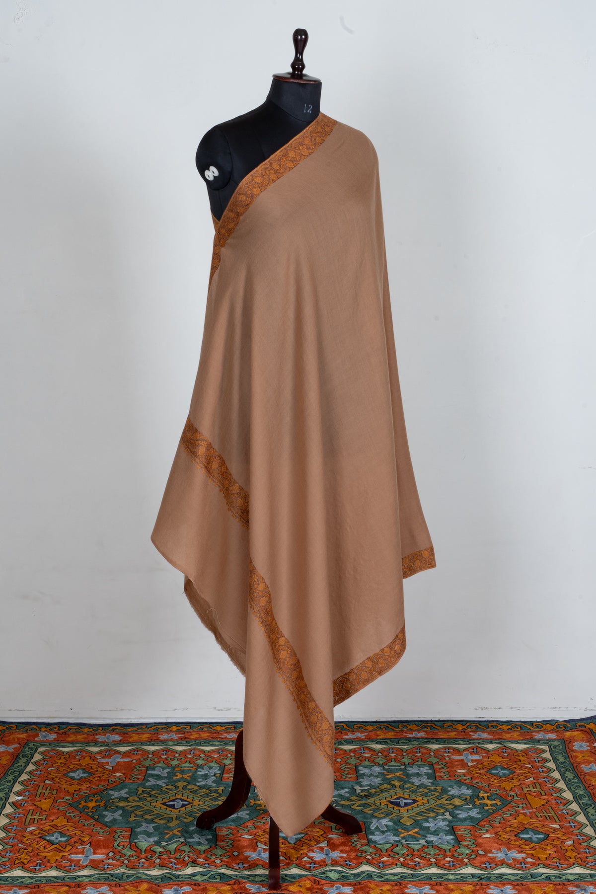 Warm Sand Merino Wool Shawl with Antique Gold Sozni Hand Embroidered Borders