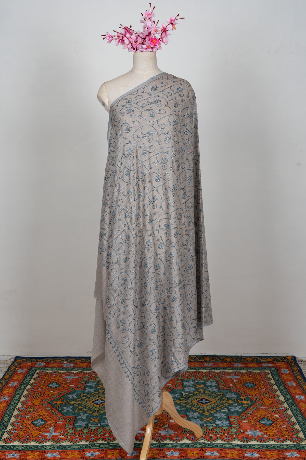Silver Vine Classic: Merino wool 2.5 Yards Sozni Hand Embroidered Shawl