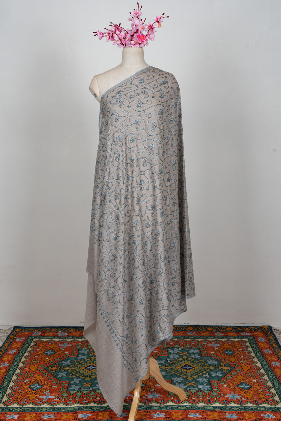 Silver Vine Classic: Merino wool 2.5 Yards Sozni Hand Embroidered Shawl