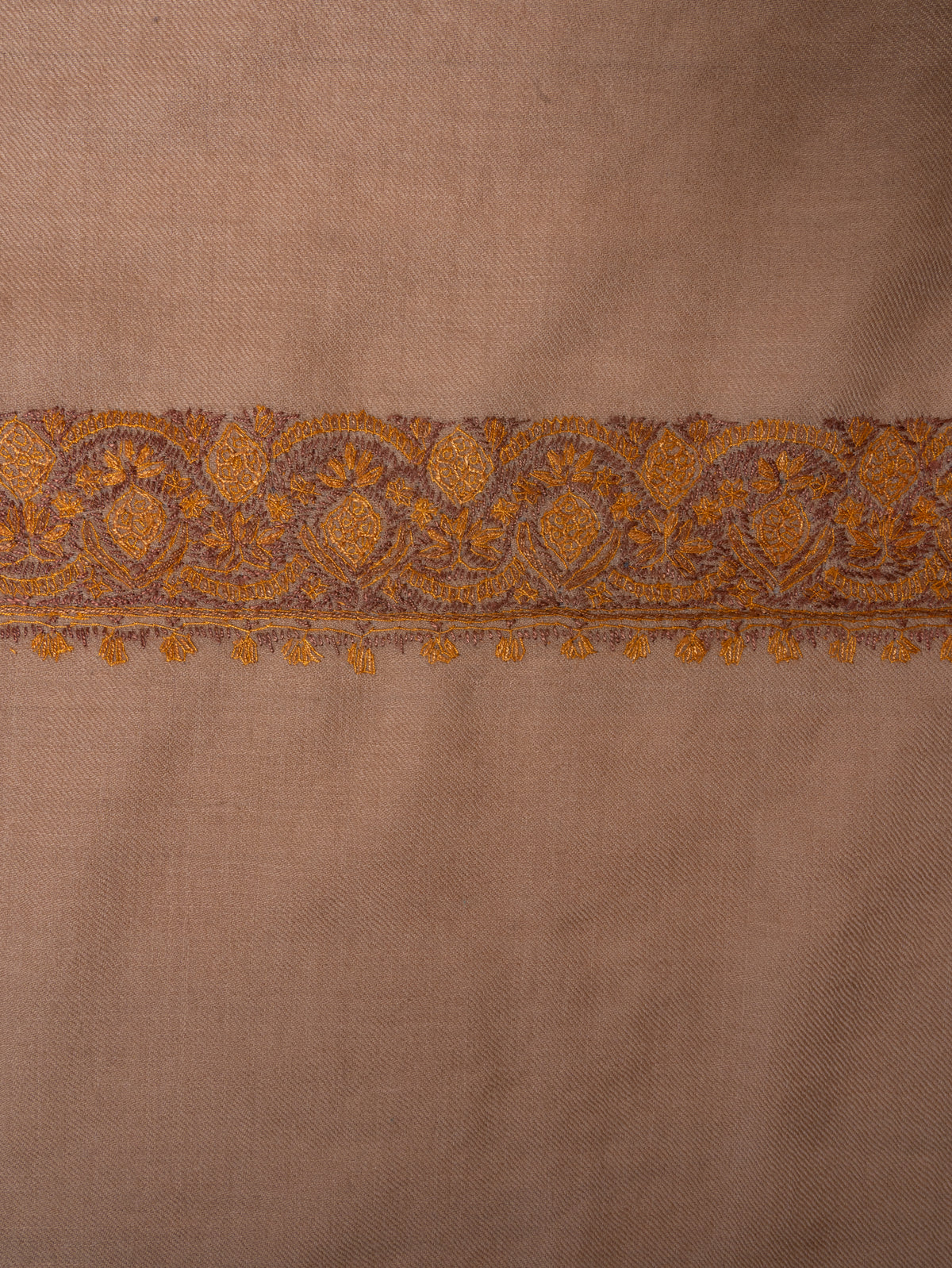 Warm Sand Merino Wool Shawl with Antique Gold Sozni Hand Embroidered Borders