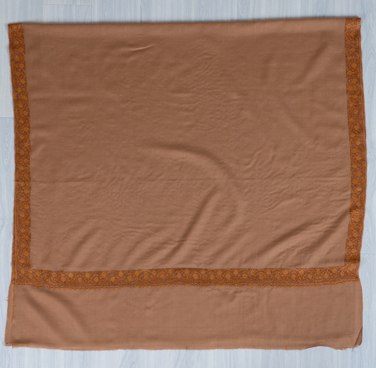 Warm Sand Merino Wool Shawl with Antique Gold Sozni Hand Embroidered Borders