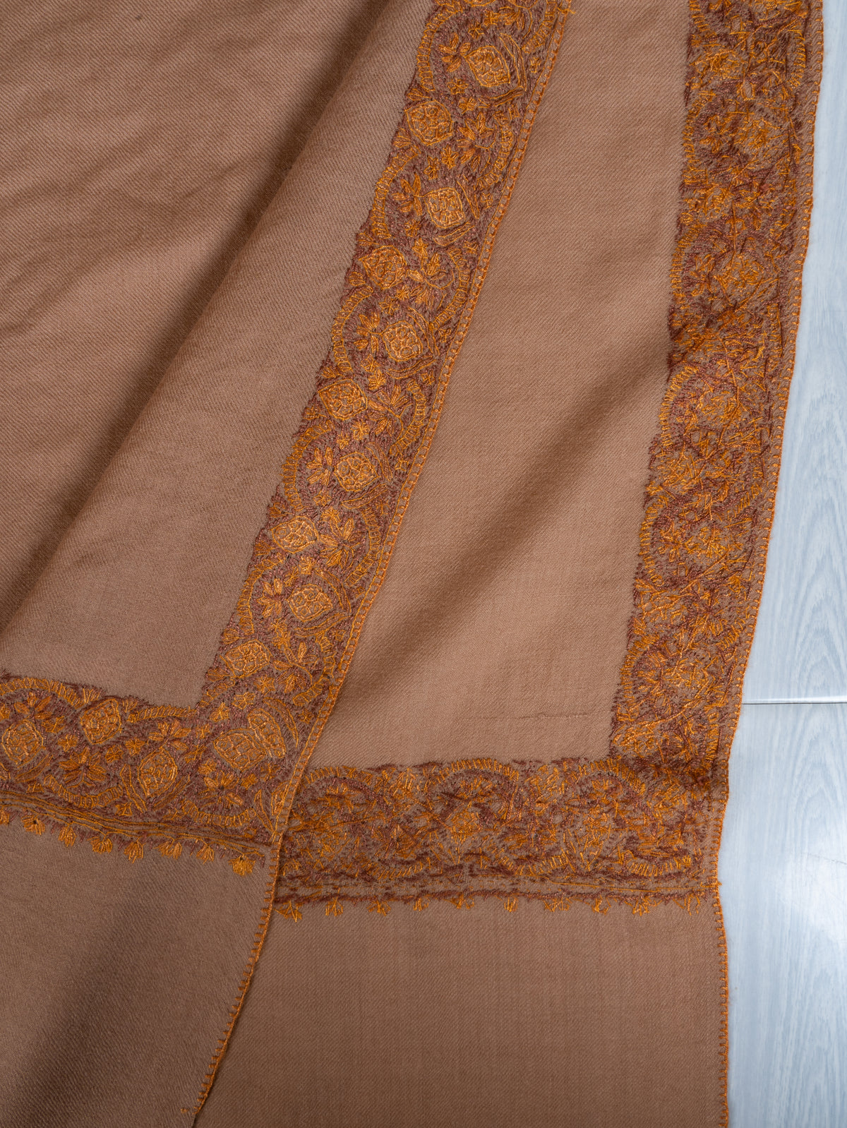 Warm Sand Merino Wool Shawl with Antique Gold Sozni Hand Embroidered Borders