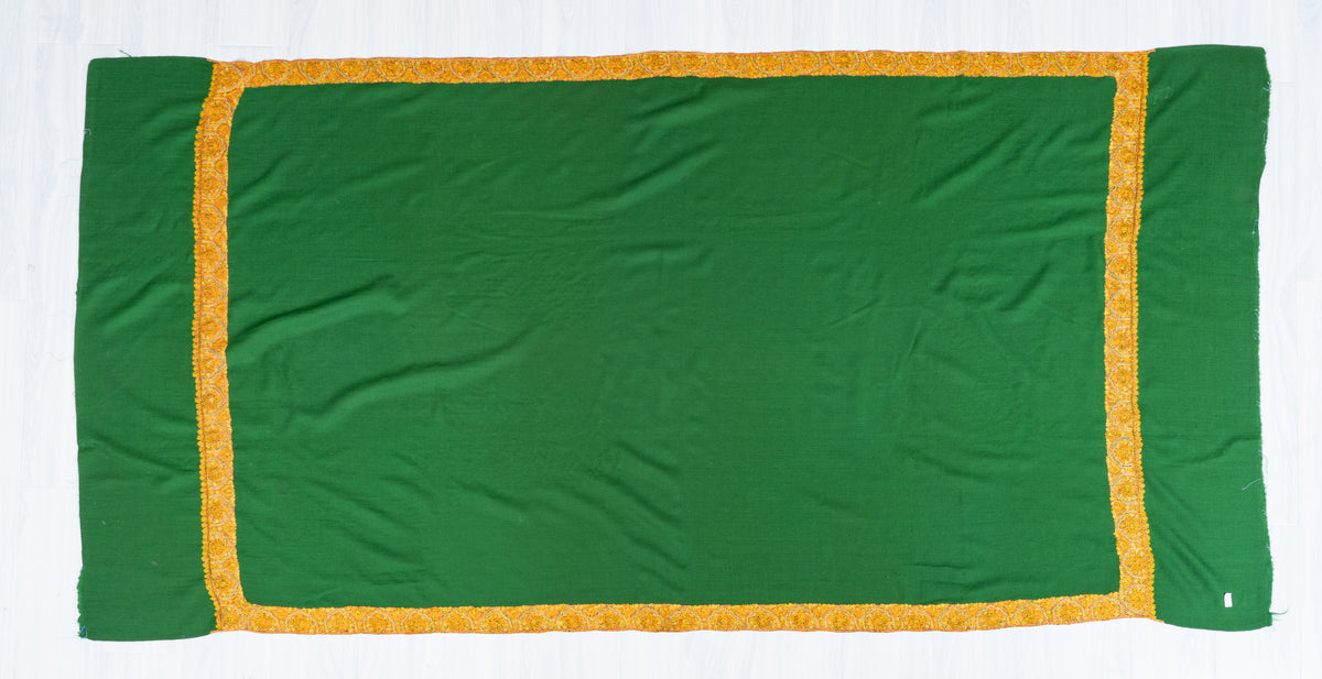 Emerald Radiance Merino Wool Shawl with Golden Sozni Hand Embroidered Ornamental Borders