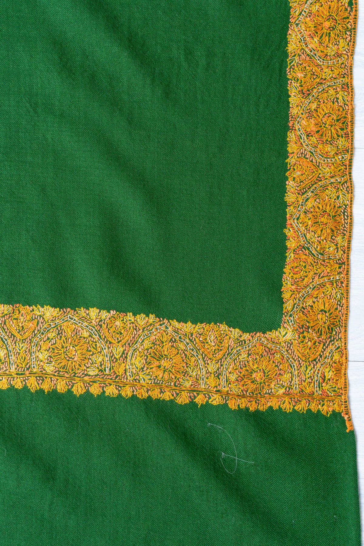 Emerald Radiance Merino Wool Shawl with Golden Sozni Hand Embroidered Ornamental Borders