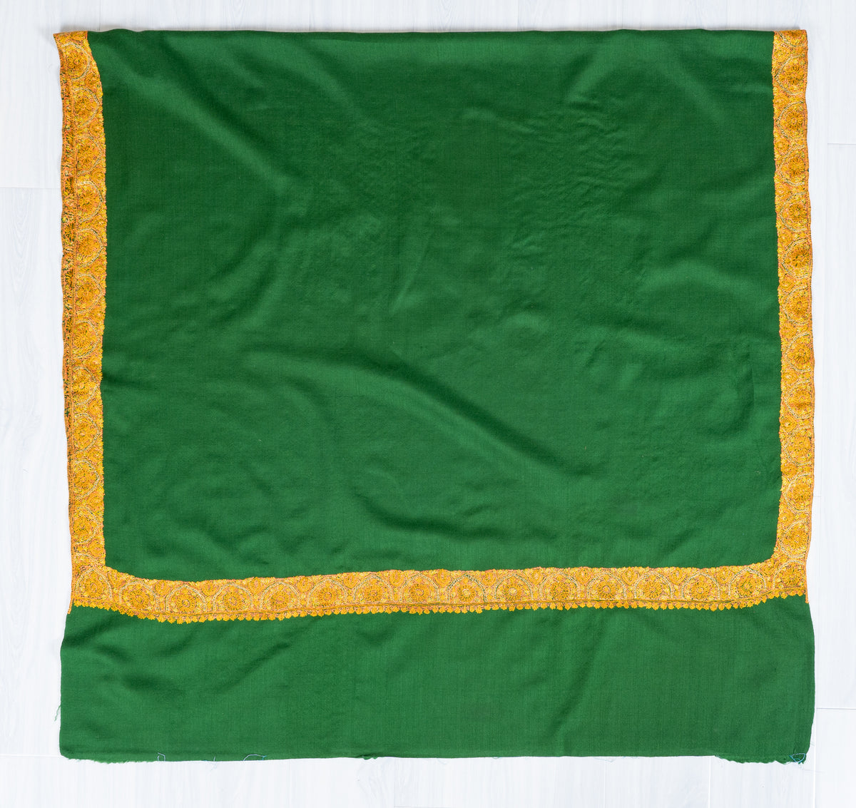 Emerald Radiance Merino Wool Shawl with Golden Sozni Hand Embroidered Ornamental Borders