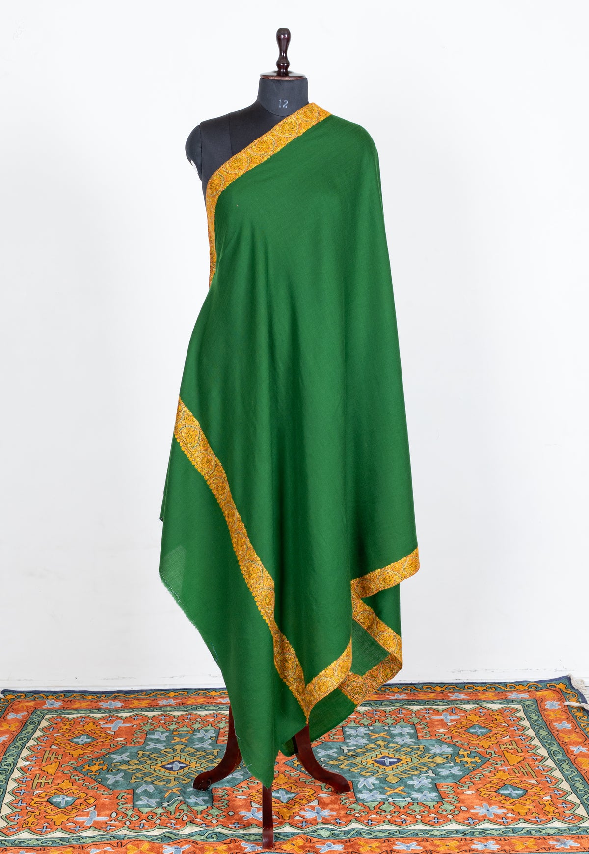 Emerald Radiance Merino Wool Shawl with Golden Sozni Hand Embroidered Ornamental Borders