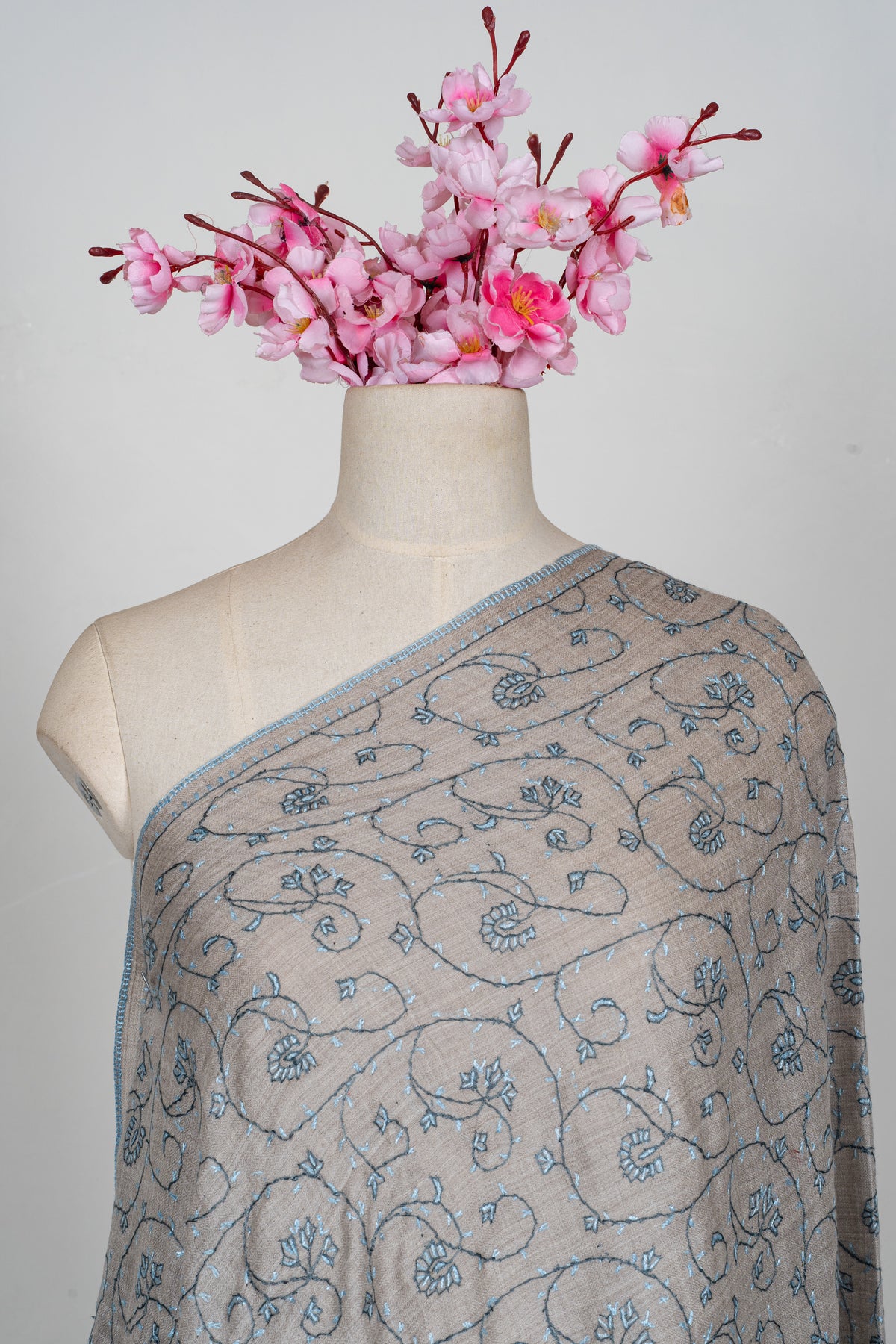 Silver Vine Classic: Merino wool 2.5 Yards Sozni Hand Embroidered Shawl