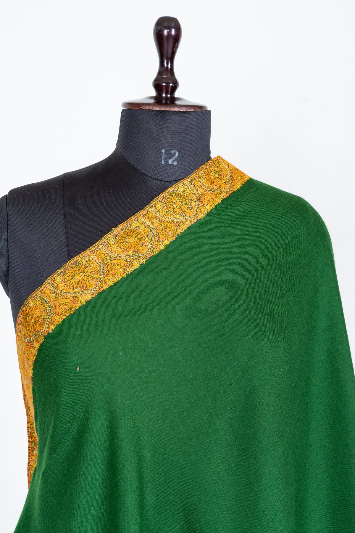 Emerald Radiance Merino Wool Shawl with Golden Sozni Hand Embroidered Ornamental Borders