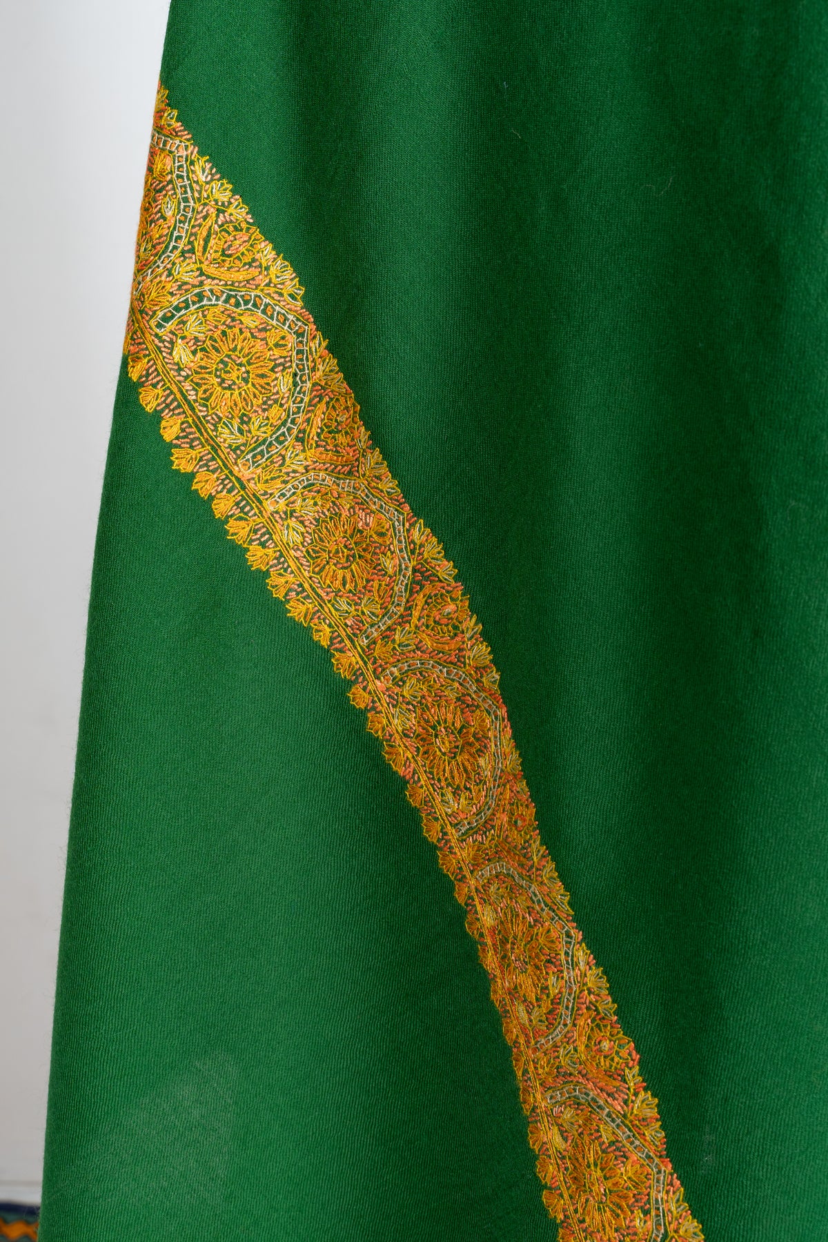 Emerald Radiance Merino Wool Shawl with Golden Sozni Hand Embroidered Ornamental Borders