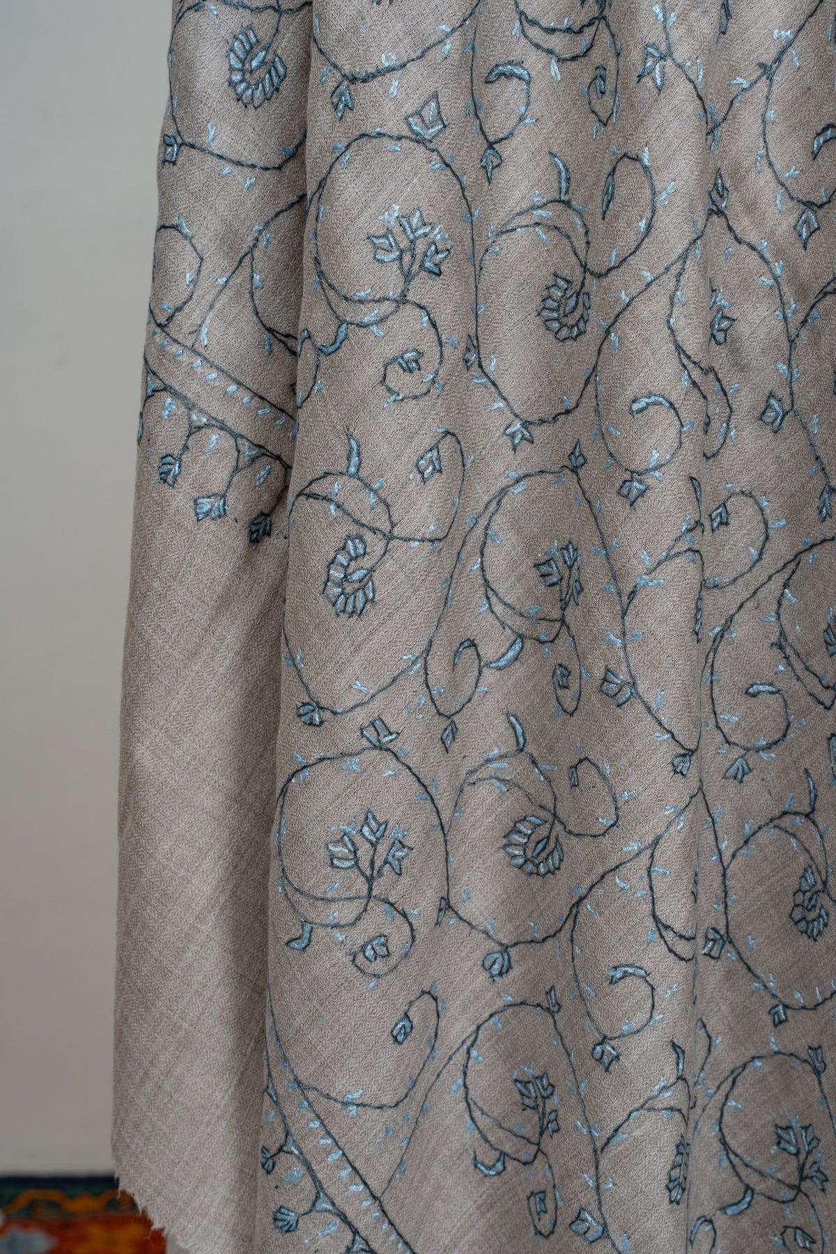 Silver Vine Classic: Merino wool 2.5 Yards Sozni Hand Embroidered Shawl
