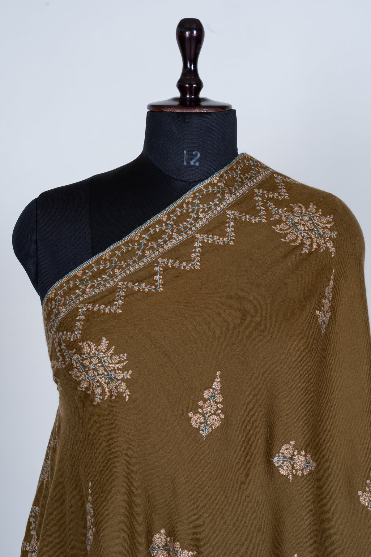 2.5 Yards Pure Pashmina Shawl with Sozni Hand Embroidered Delicate Floral Accents